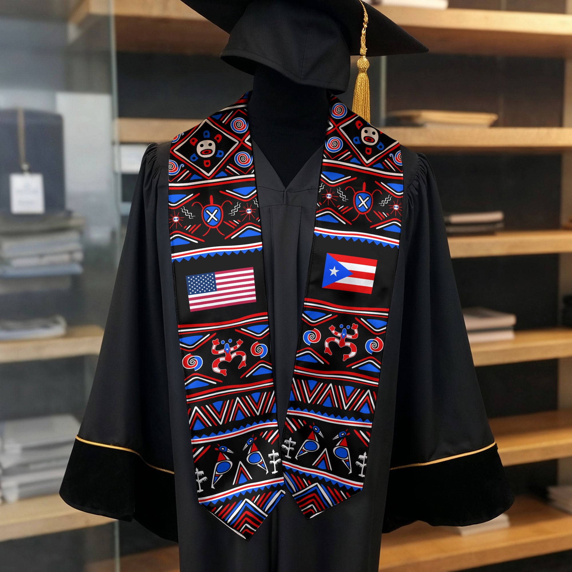 Puerto Rico USA Flag Taino Symbol Ethnic Pattern Heritage Graduation Sash Graduation Stole