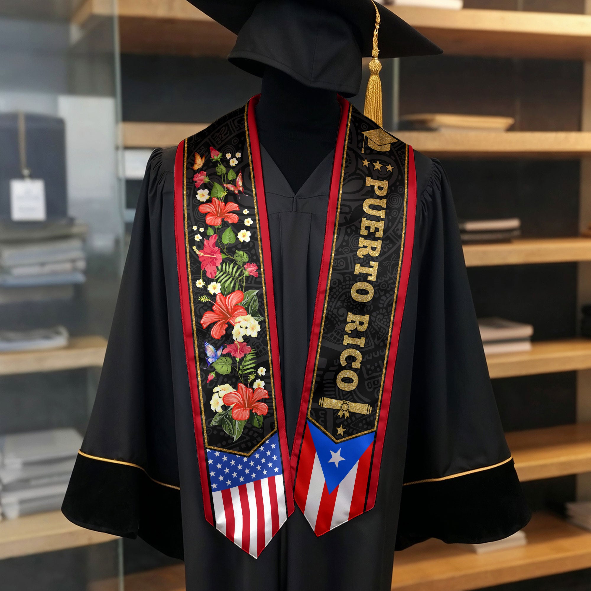 Puerto Rico USA Flag Hibiscus Floral Heritage Class of 2026 Graduation Sash Graduation Stole