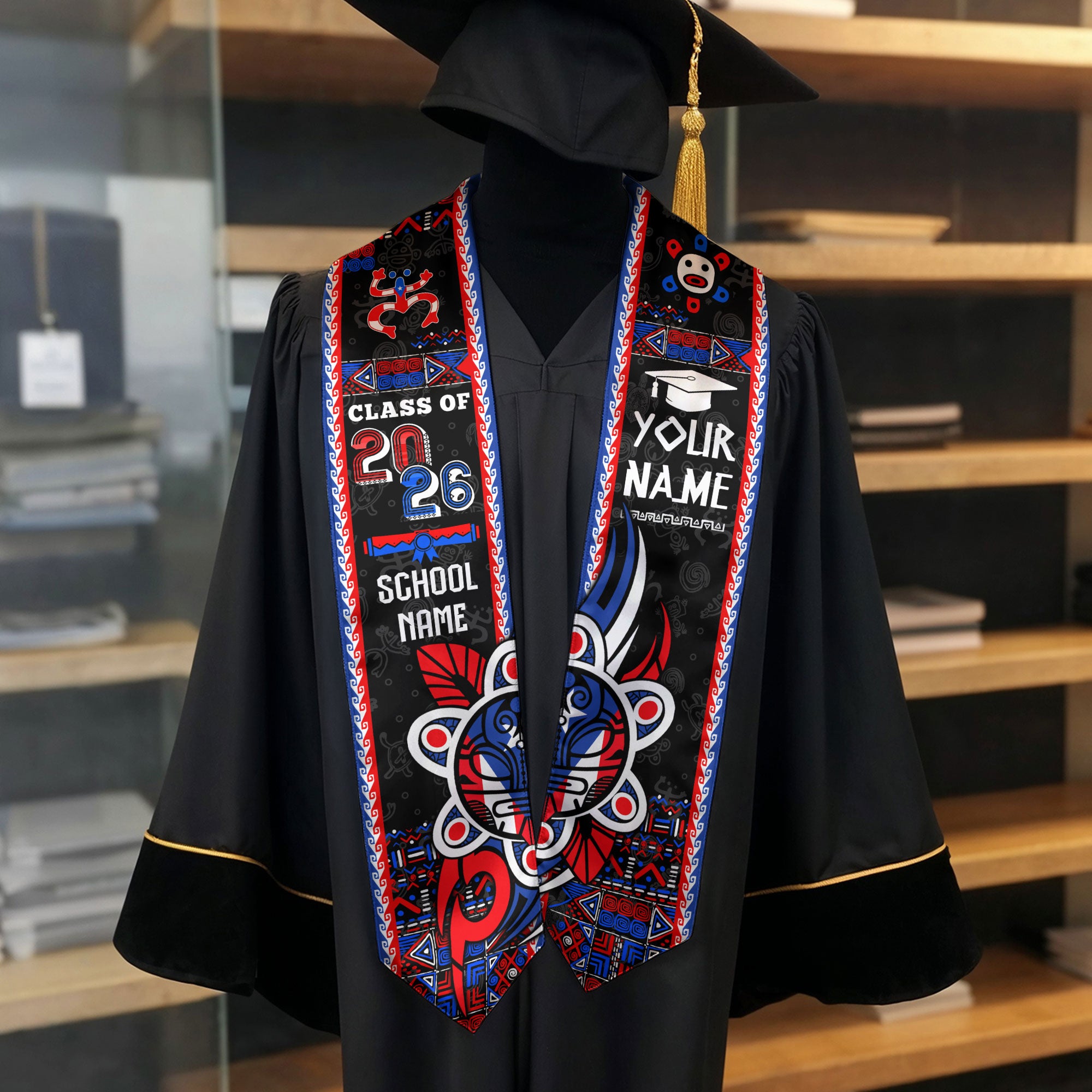 Puerto Rico Graduation Stole 2026 Custom Name Taino Art Puerto Rican Flag Graduation Sash