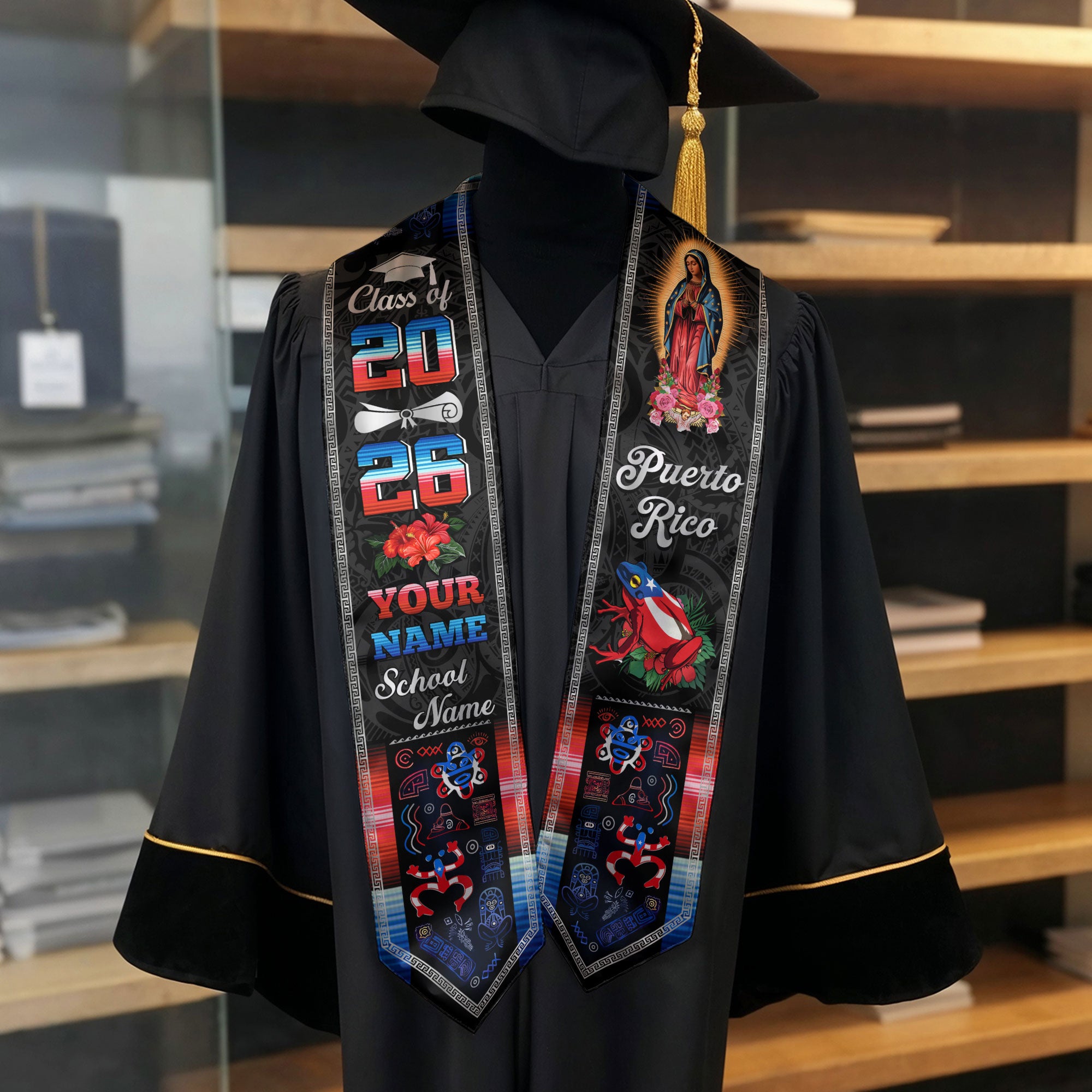 Custom Puerto Rico Graduation Stole 2026 Virgin Mary Coqui Frog Hibiscus Graduation Sash