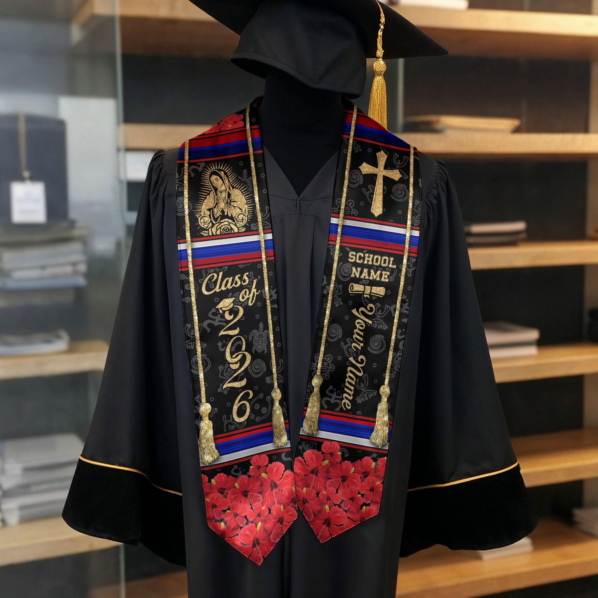 Puerto Rico Graduation Stole Virgin Mary & Cross Floral Class of 2026 Senior Sash
