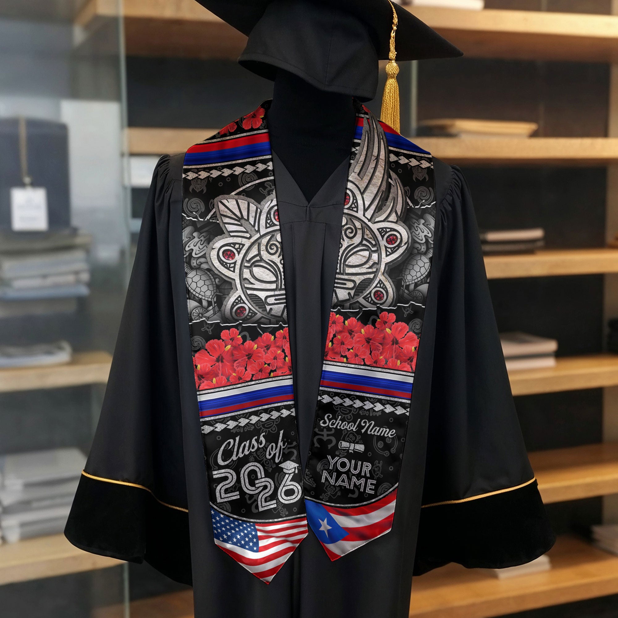 Custom Puerto Rico Graduation Stole Class of 2026 Hibiscus Flower Taino Art Flag Sash