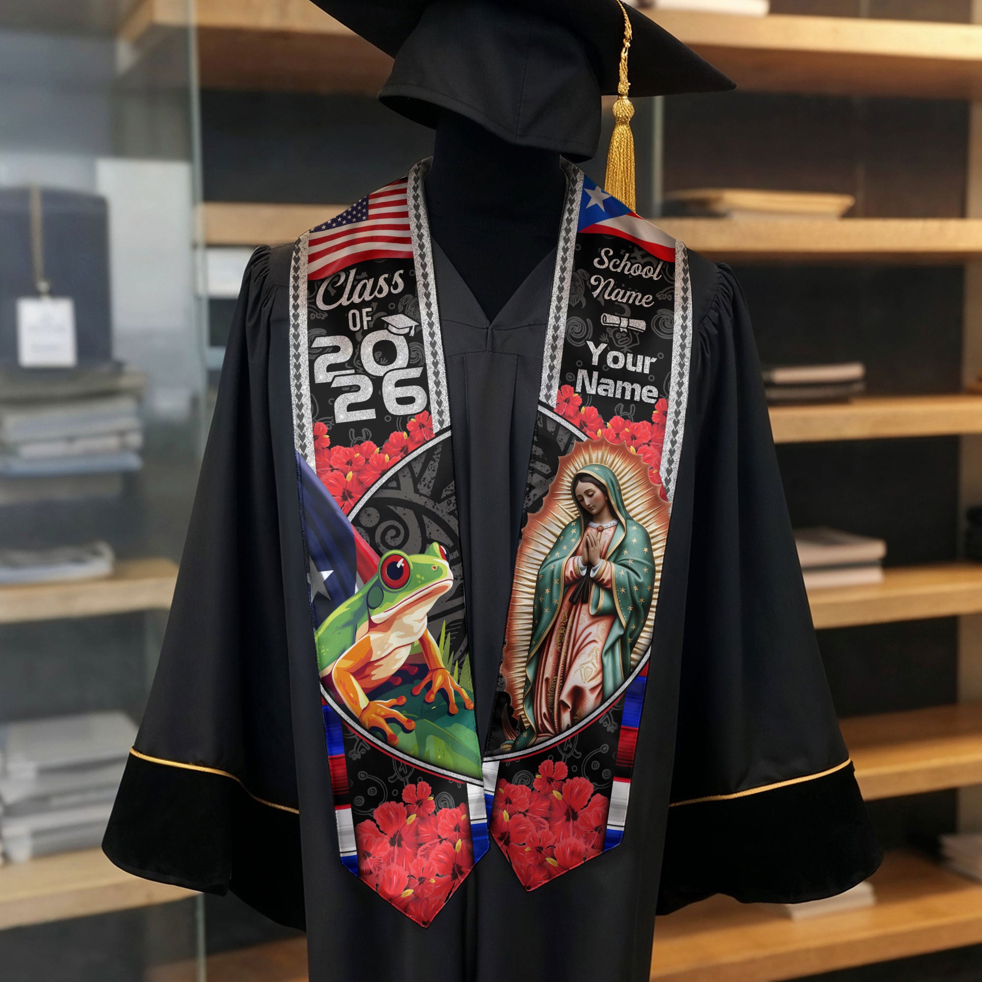 Custom Puerto Rico American Flag Graduation Sash 2026 Coqui Frog Virgin Mary Stole