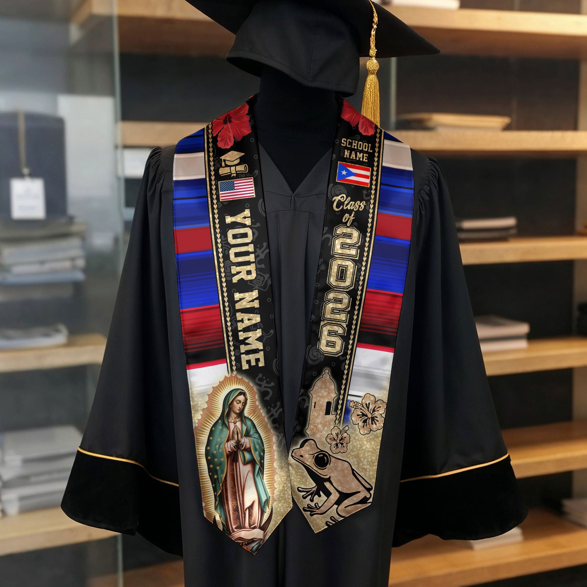 Custom Puerto Rico Graduation Sash 2026 Virgin Mary Coqui Frog American Flag Stole