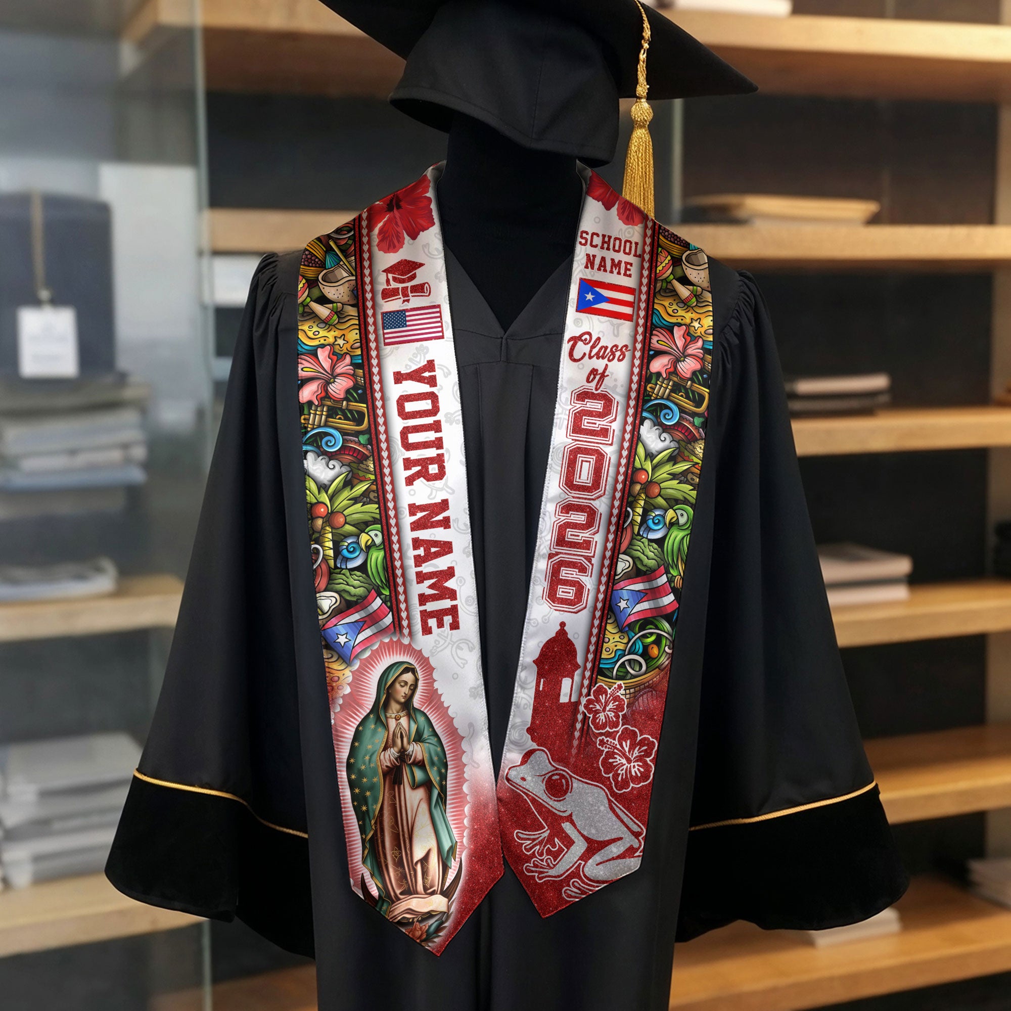 Custom Puerto Rico Graduation Sash 2026 Virgin Mary American Flag Coqui Frog Stole Gift