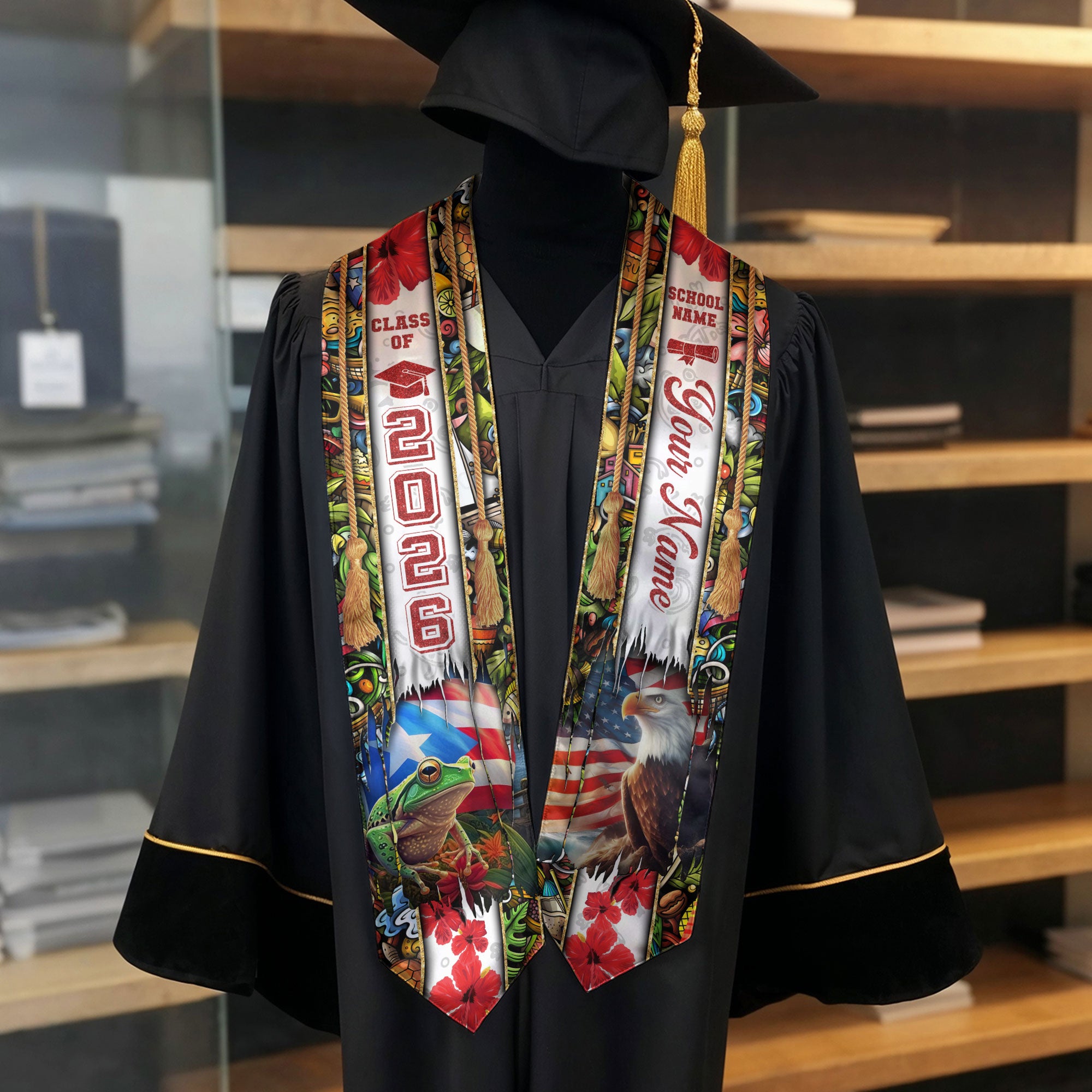 Puerto Rican American Flag Graduation Stole 2026 Custom Eagle Coqui Frog Graduation Sash