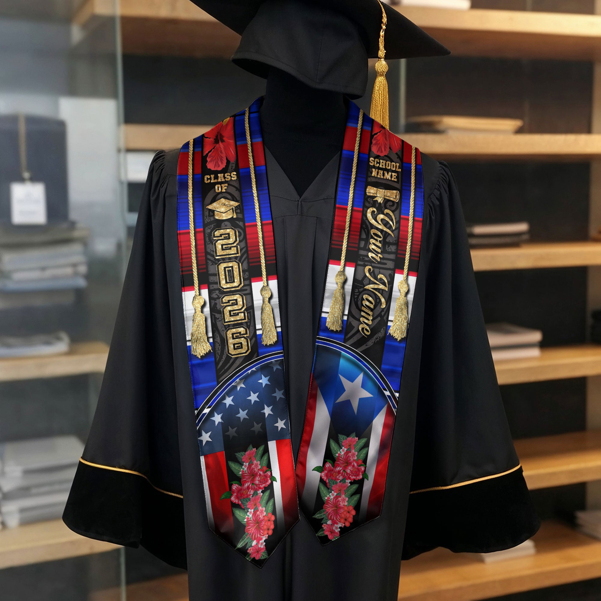 Puerto Rican American Flag Graduation Stole 2026 Custom Hibiscus Graduation Sash