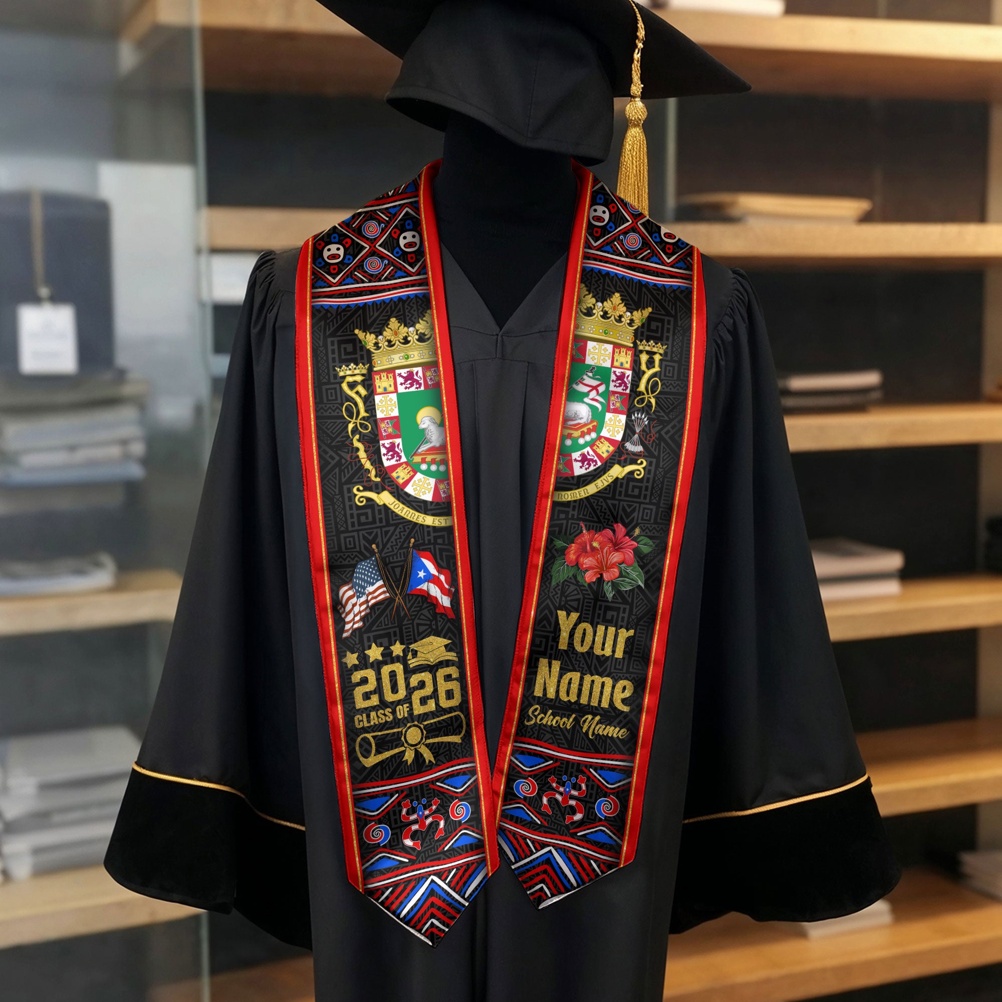 Custom Puerto Rico Graduation Stole 2026 Coat of Arms Flags Hibiscus Graduation Sash