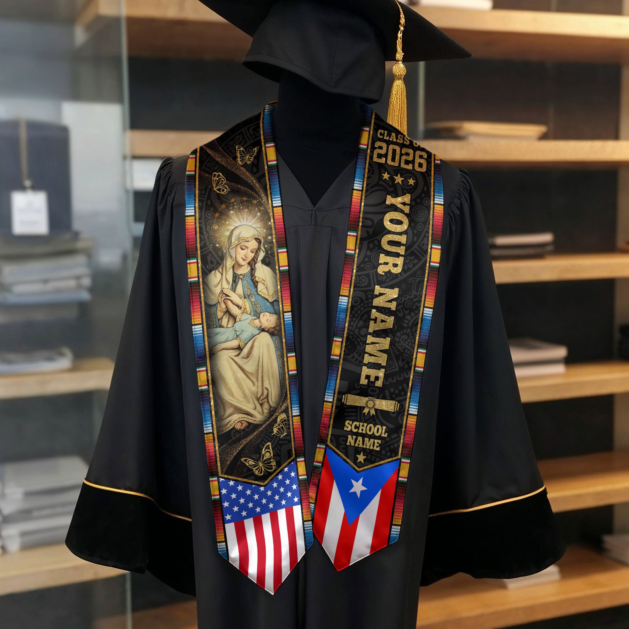 Custom Puerto Rico Graduation Stole 2026 Virgin Mary Butterfly USA Flag Graduation Sash