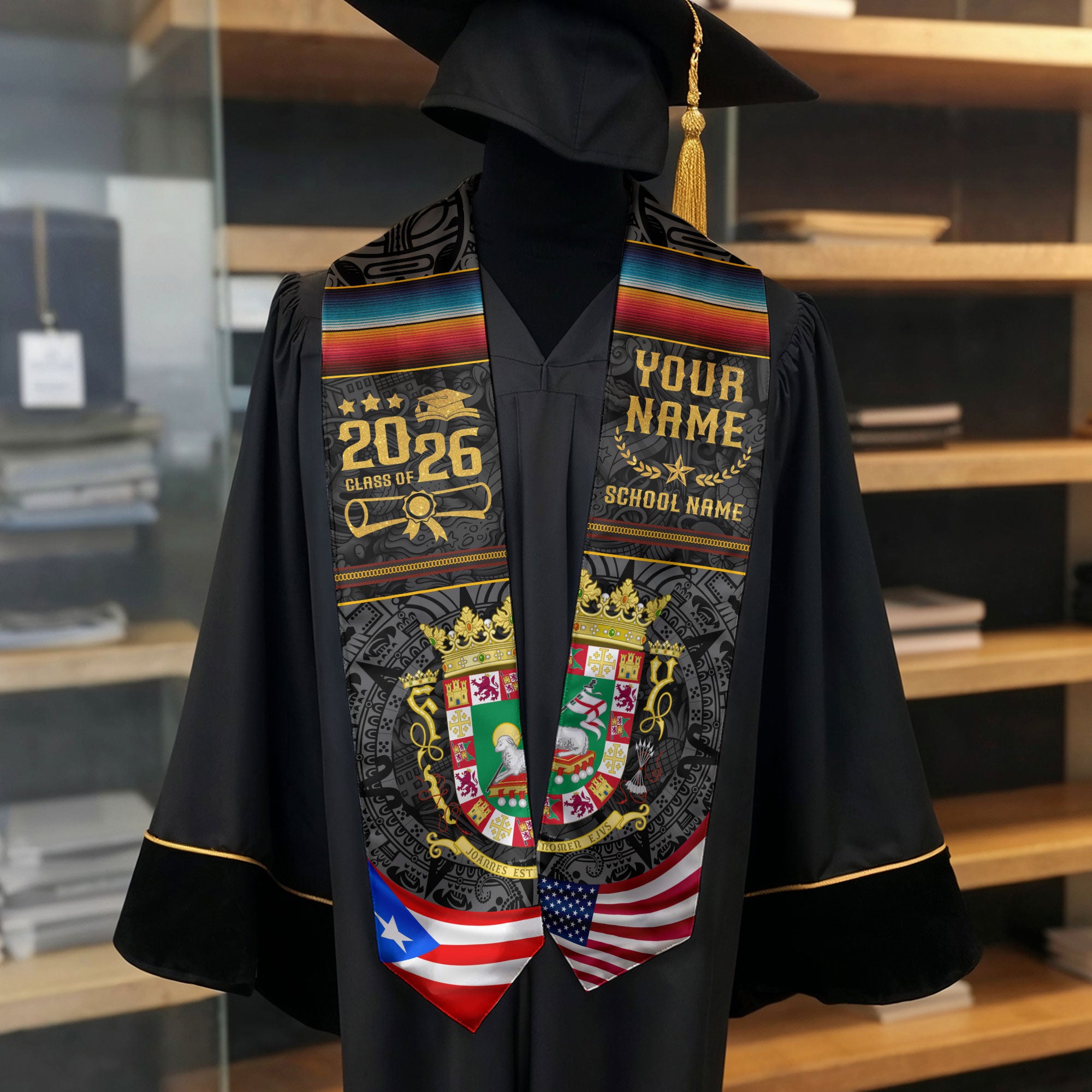 Custom Puerto Rico Graduation Stole 2026 Coat of Arms USA PR Flags Graduation Sash