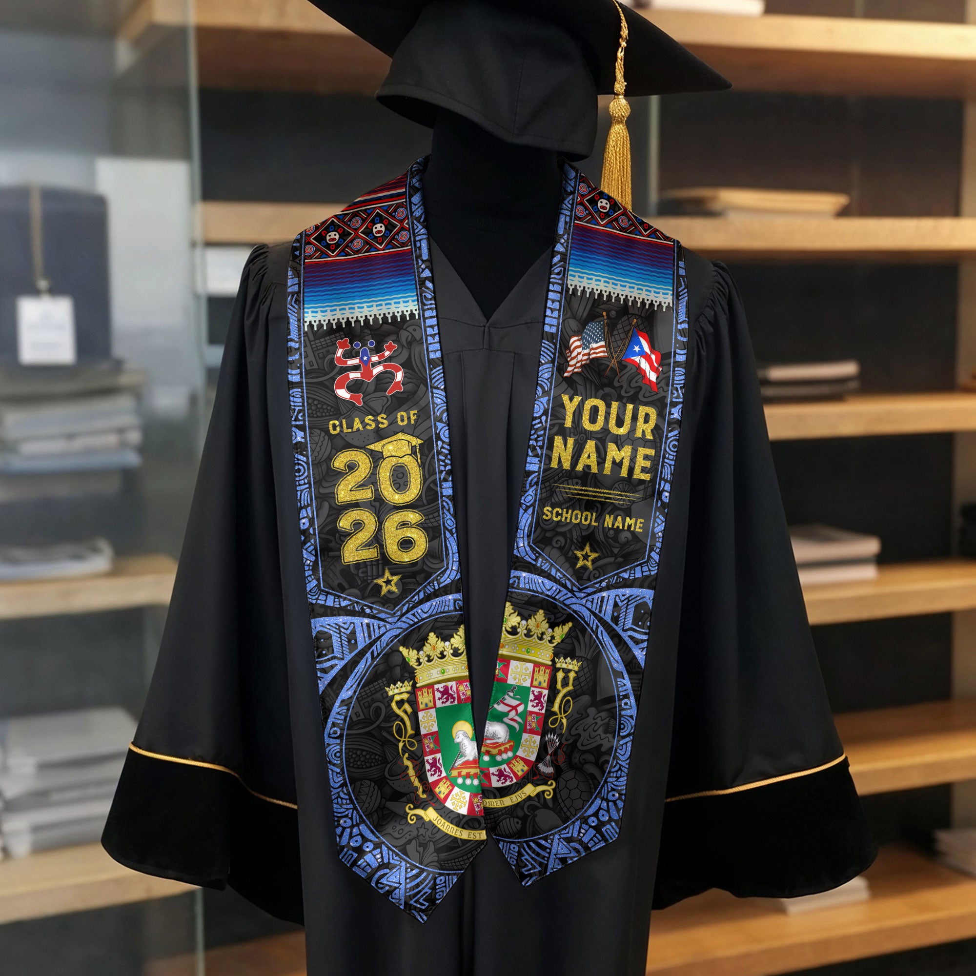 Personalized Puerto Rico Graduation Stole 2026 Heritage Flag Taino Art Graduation Sash