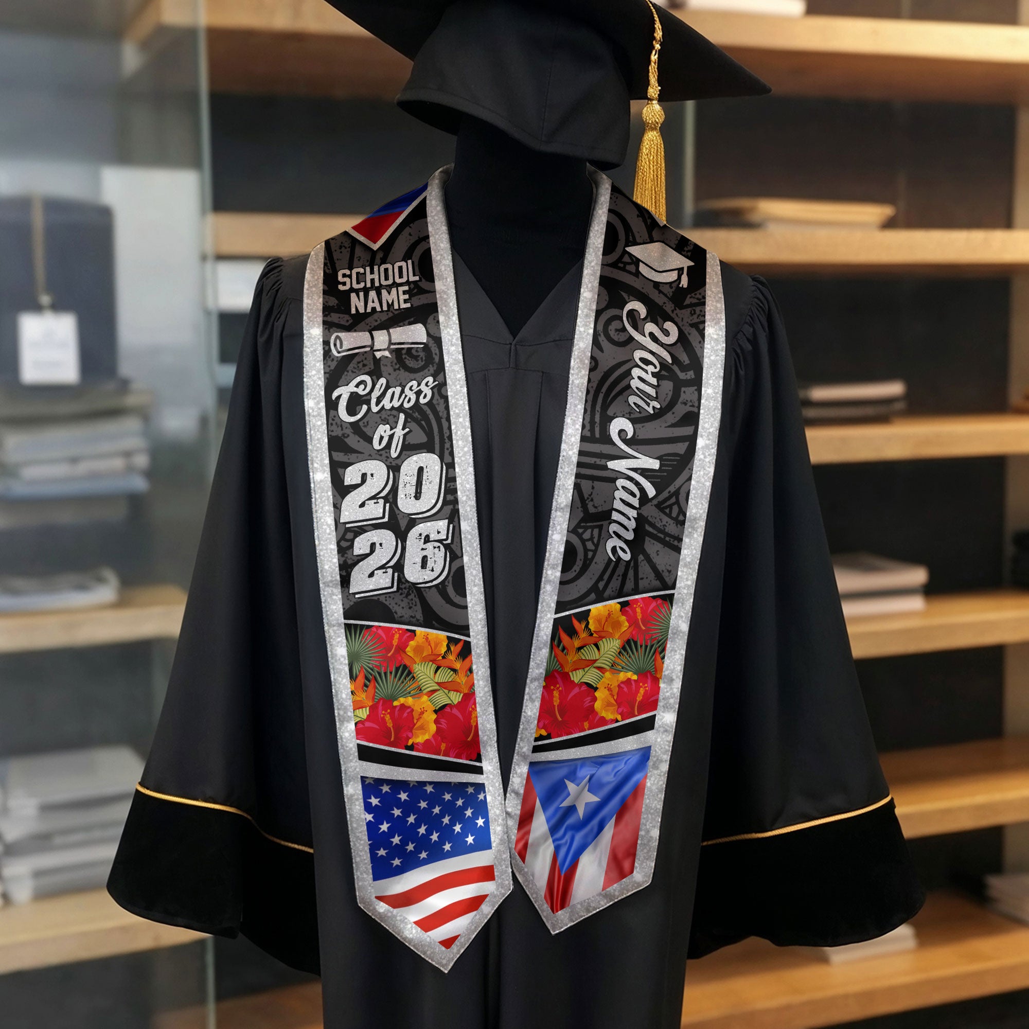 Custom Puerto Rico American Flag Graduation Sash 2026 Glitter Puerto Rican Stole Floral