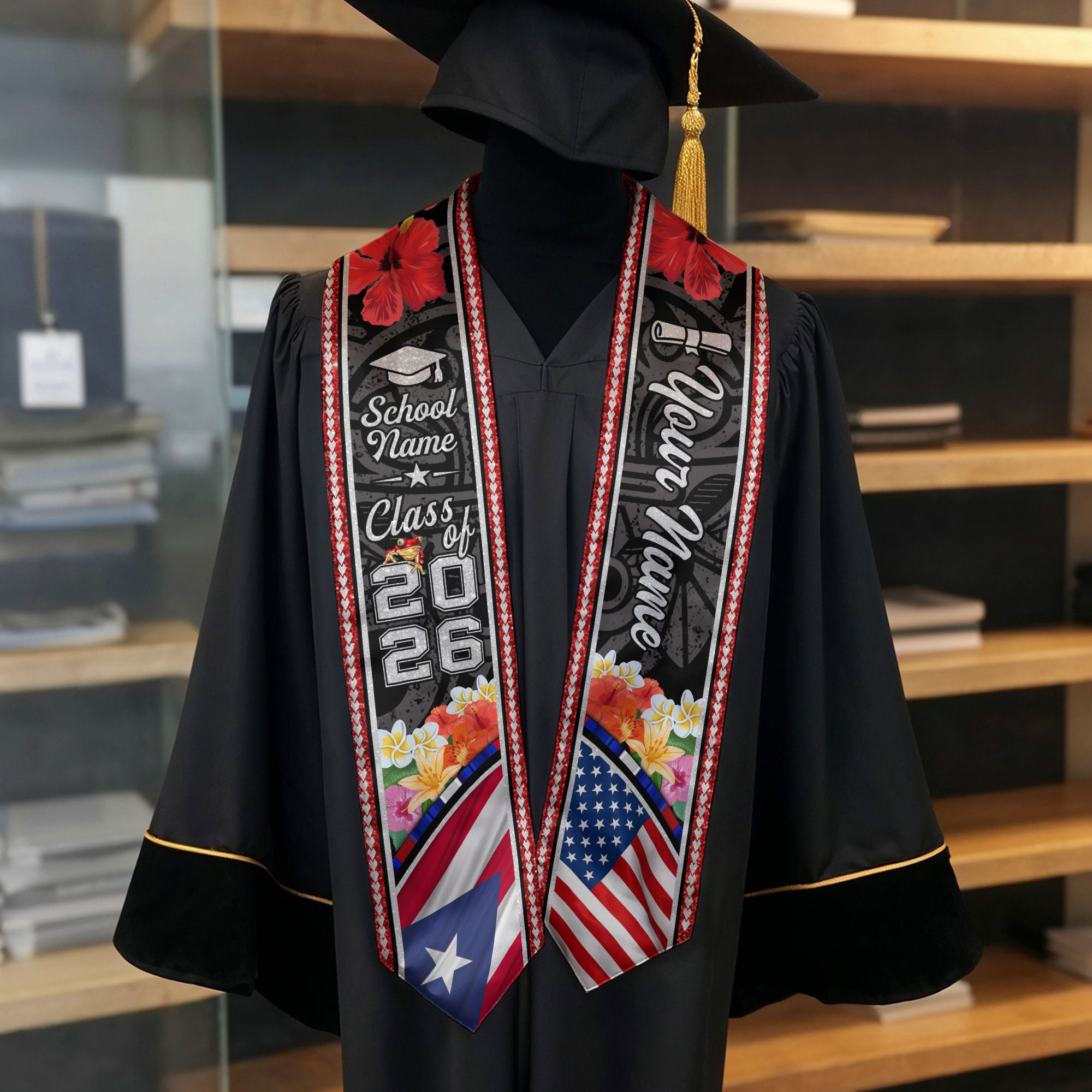 Custom Puerto Rico American Flag Graduation Sash 2026 Floral Glitter Tribal Puerto Rican Stole