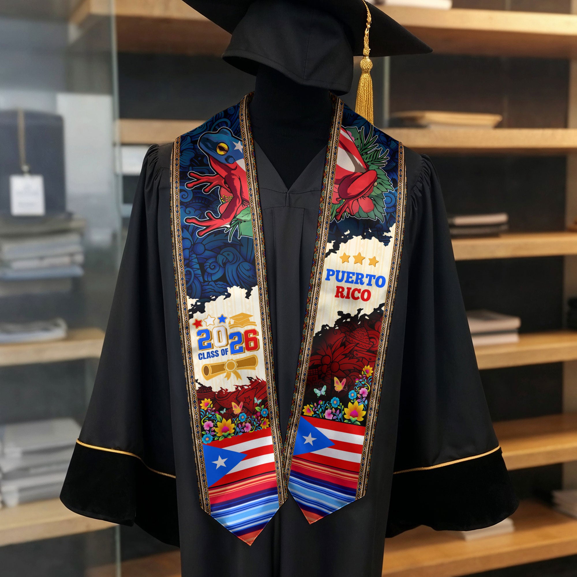 Puerto Rico Flag Coqui Frog Class of 2026 Heritage Culture Graduation Sash Graduation Stole