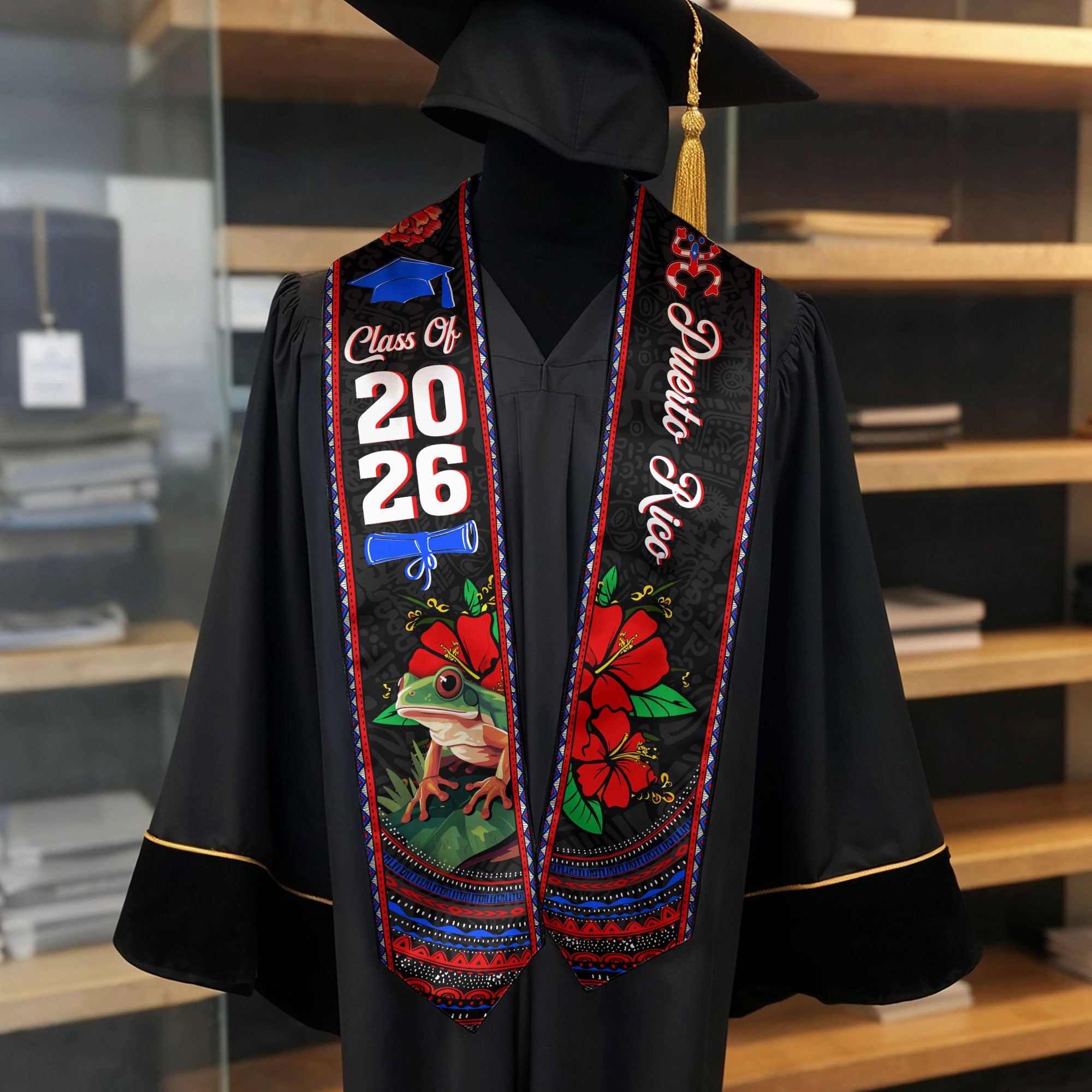 Puerto Rico Coqui Frog Hibiscus Flower Heritage Class of 2026 Graduation Sash Graduation Stole