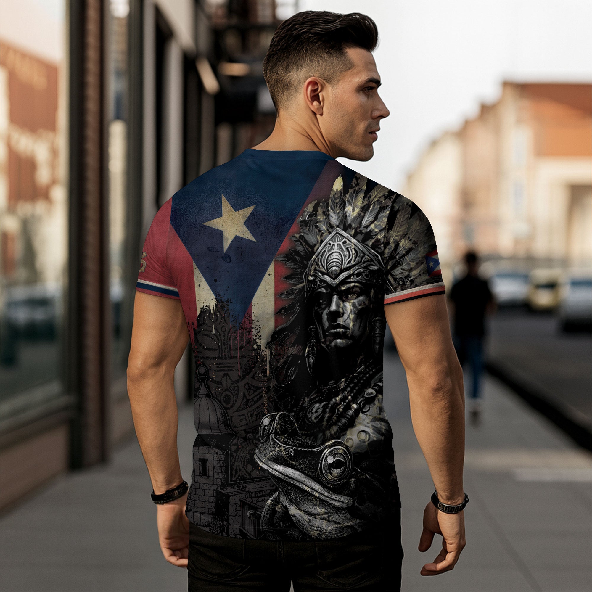 Puerto Rico Boricua Taino Warrior Coqui Frog Black Navy Red Gold National Heritage Shirt