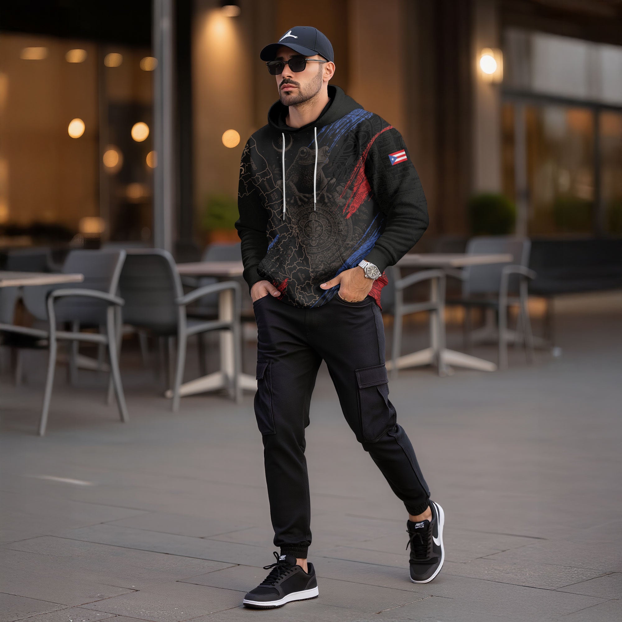 Puerto Rico Map Boricua Coqui Frog Taino Tribal Black Red Blue Heritage Hoodie