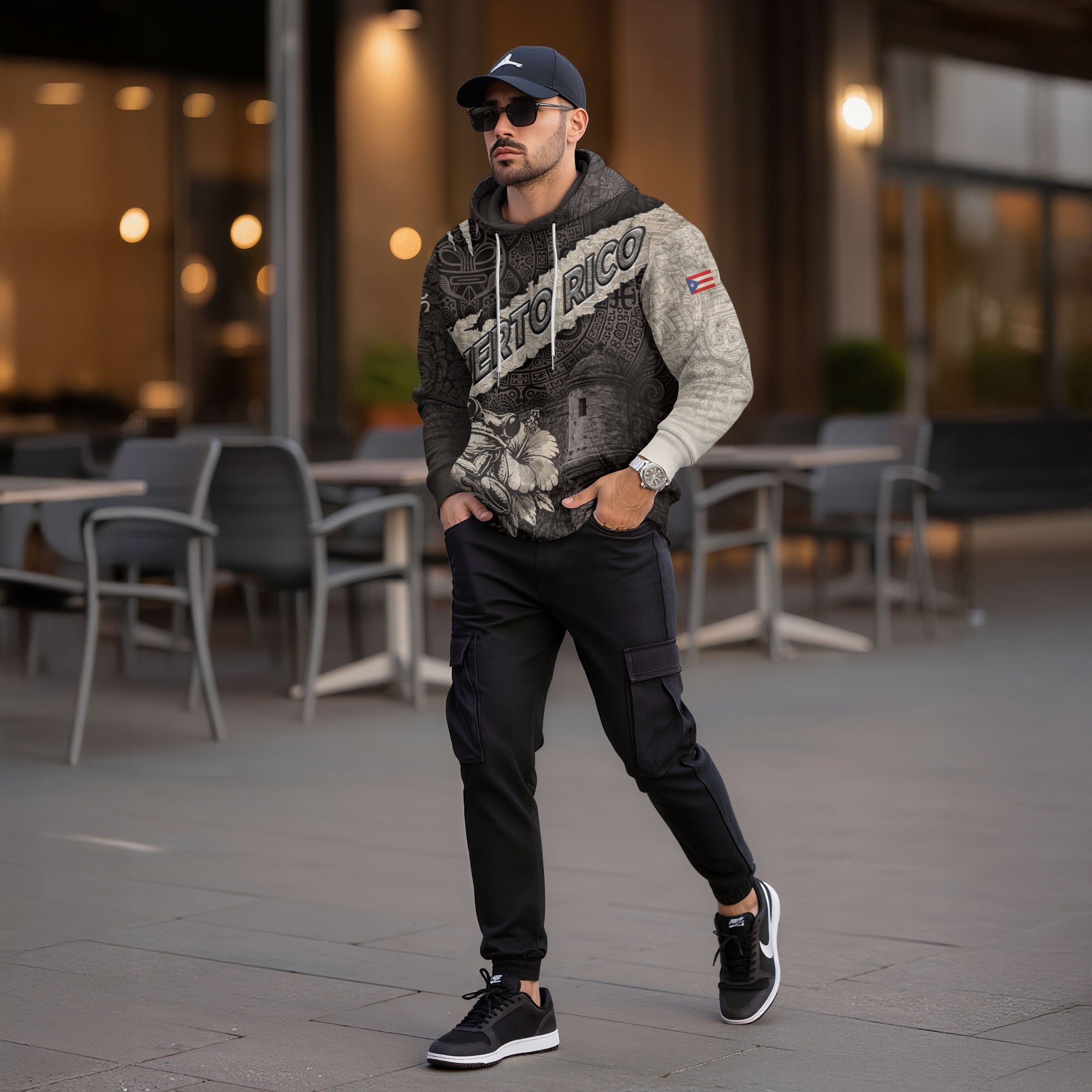 Puerto Rico Map Boricua Coqui Frog El Morro Taino Tribal Beige Gray Hoodie