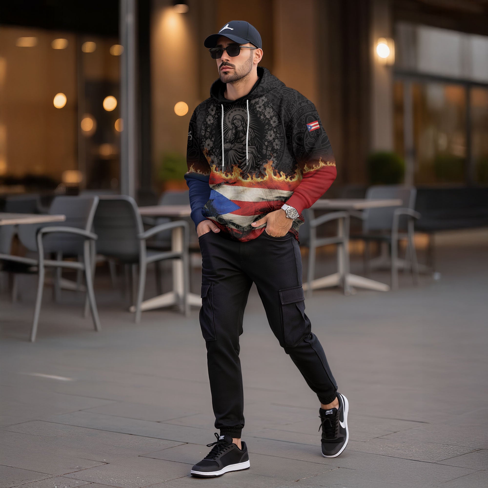 Puerto Rico Virgin Mary Catholic Flag Taino Tribal Boricua Black Red Blue Hoodie