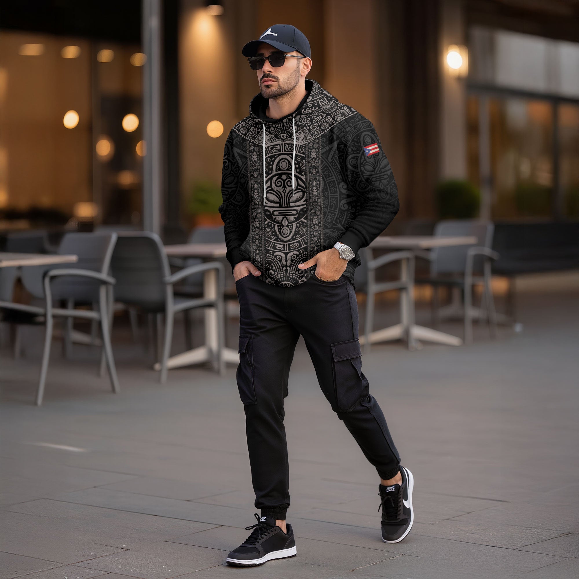 Puerto Rico Taino Tribal Mask Sun Heritage National Pride Black Boricua Hoodie