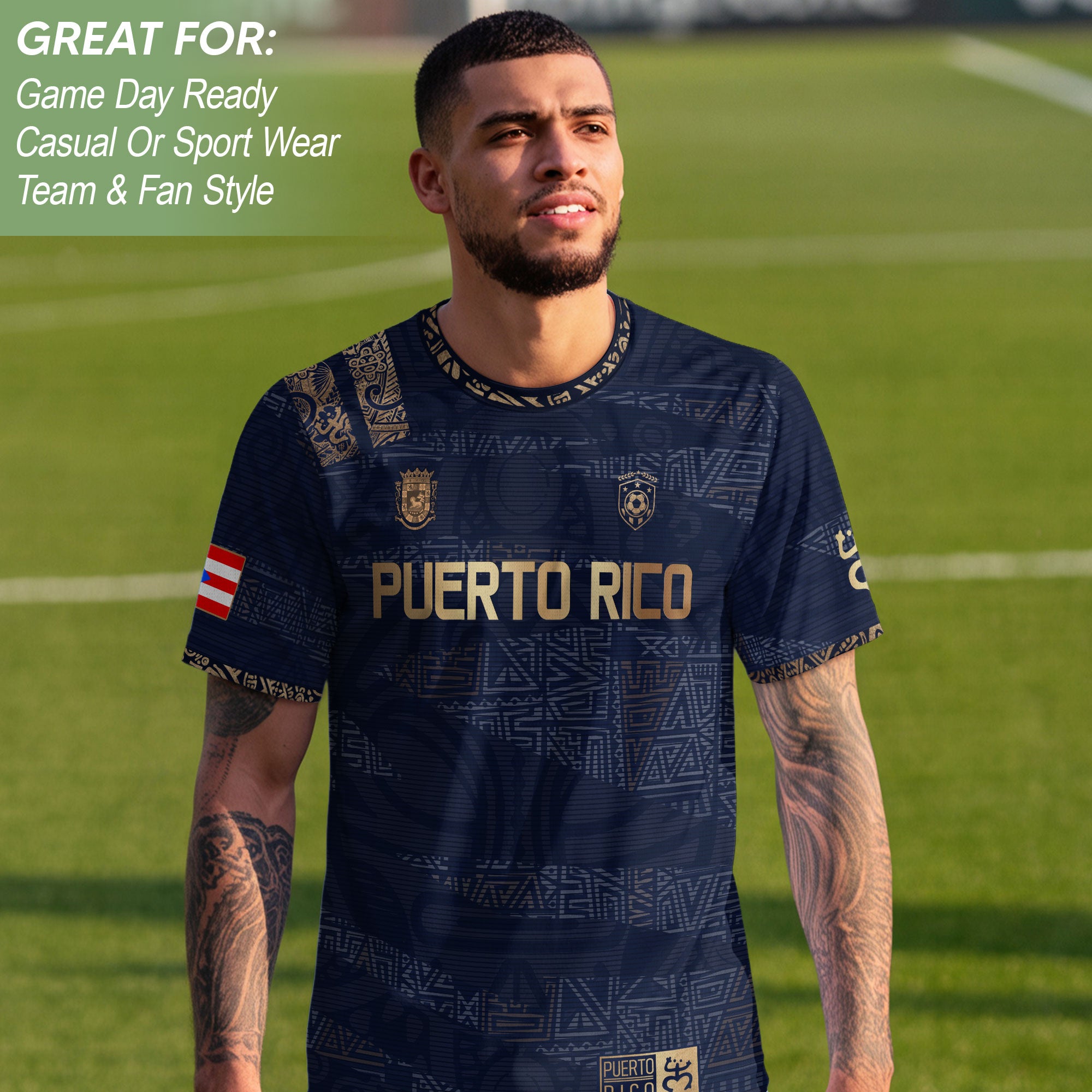 Puerto Rico Navy Gold Taino Tribal Pattern National Heritage Boricua Soccer Jersey
