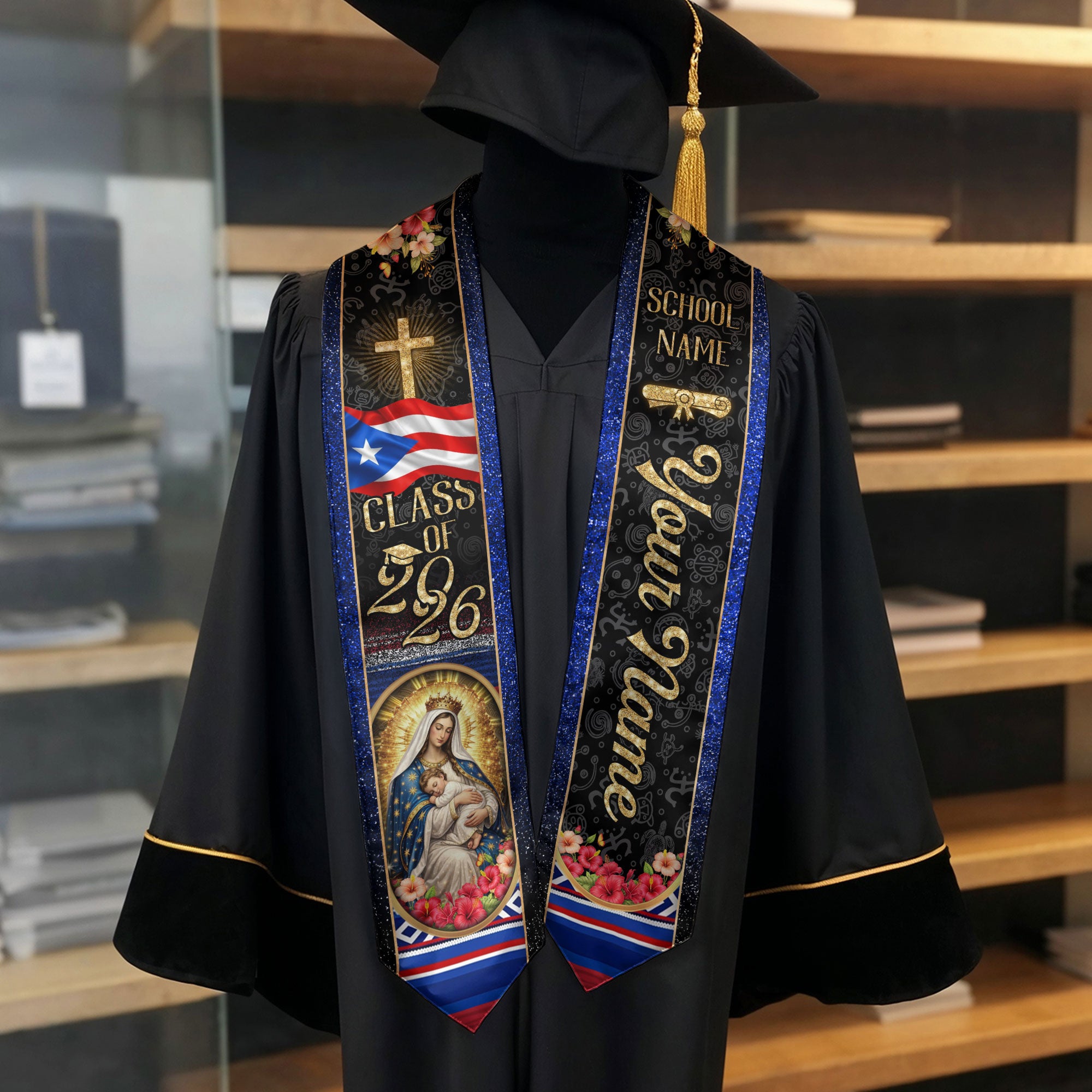 Custom Puerto Rico Graduation Stole Class of 2026 Virgin Mary Cross Catholic Sash Gift