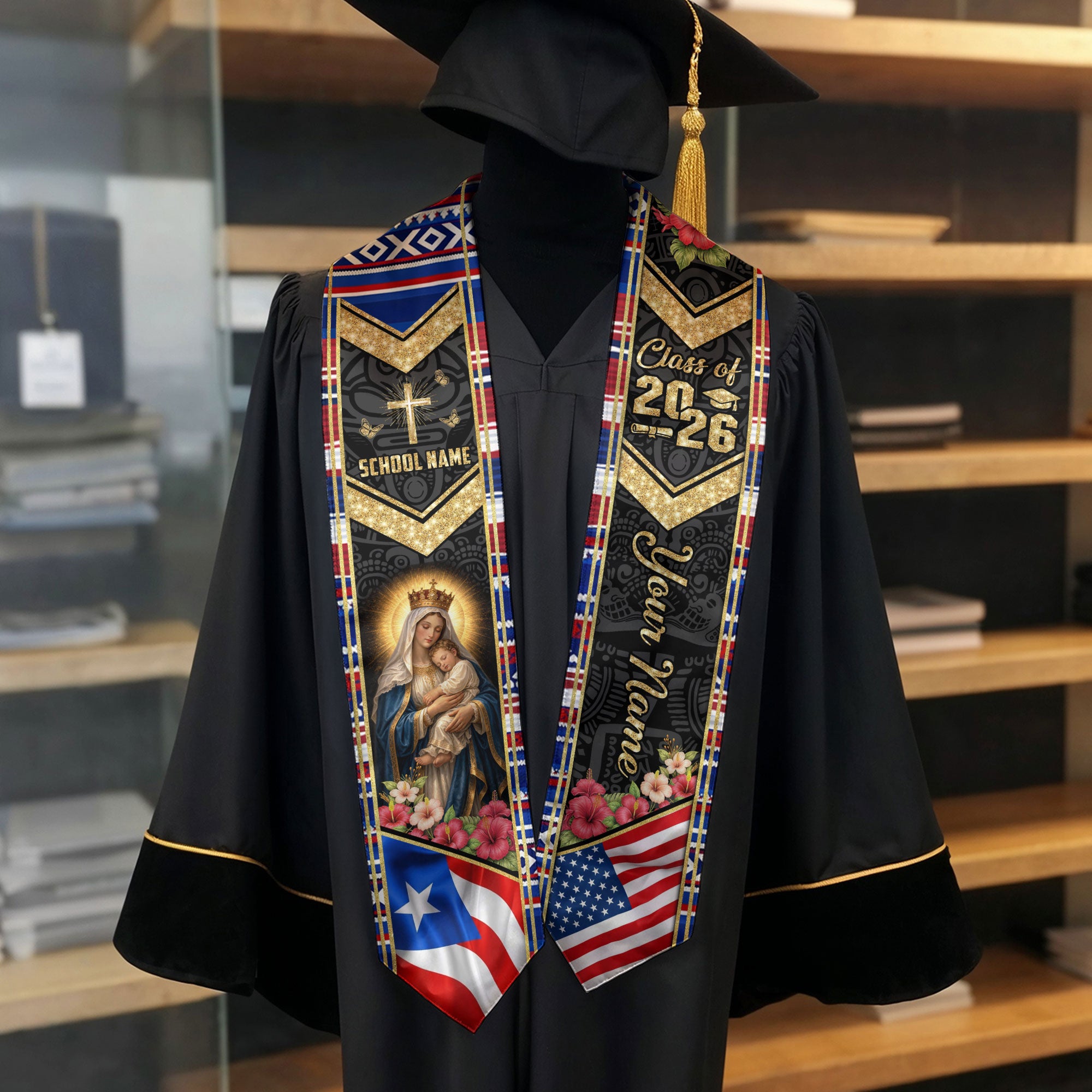 Custom Puerto Rico USA Graduation Stole 2026 Virgin Mary Cross Catholic Heritage Sash Gift