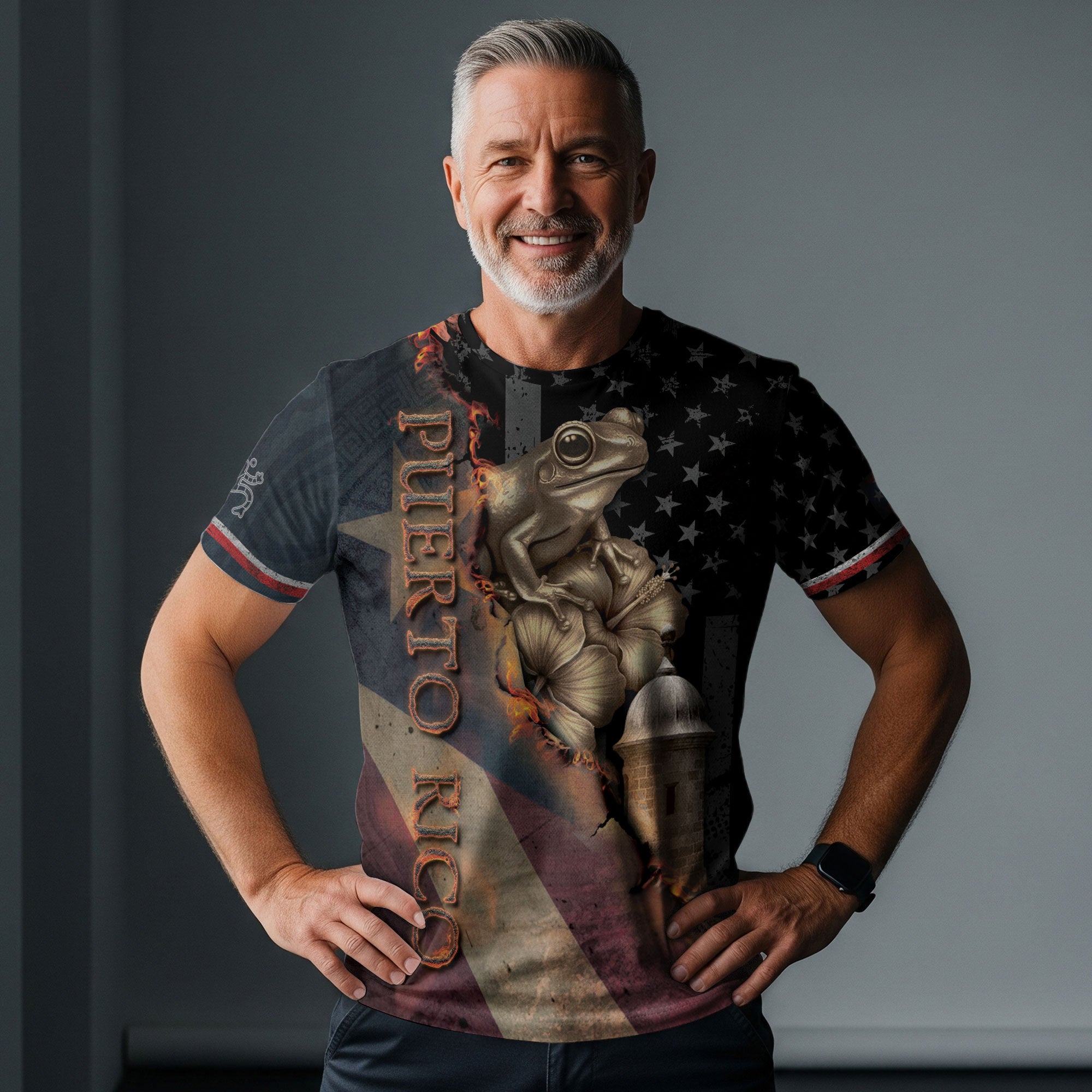 Bandera de Puerto Rico Coqui Hibiscus Taino Heritage Pride Boricua Fire Spirit Shirt