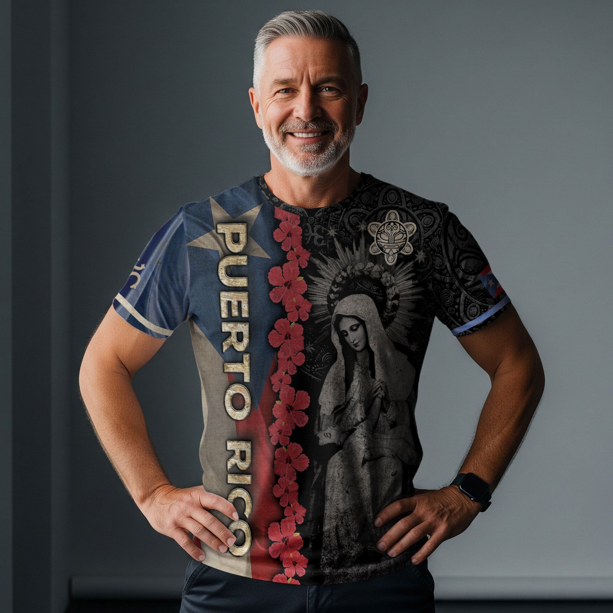 Puerto Rico Flag Virgin Mary Hibiscus Taino Heritage Pride Faith Boricua Shirt