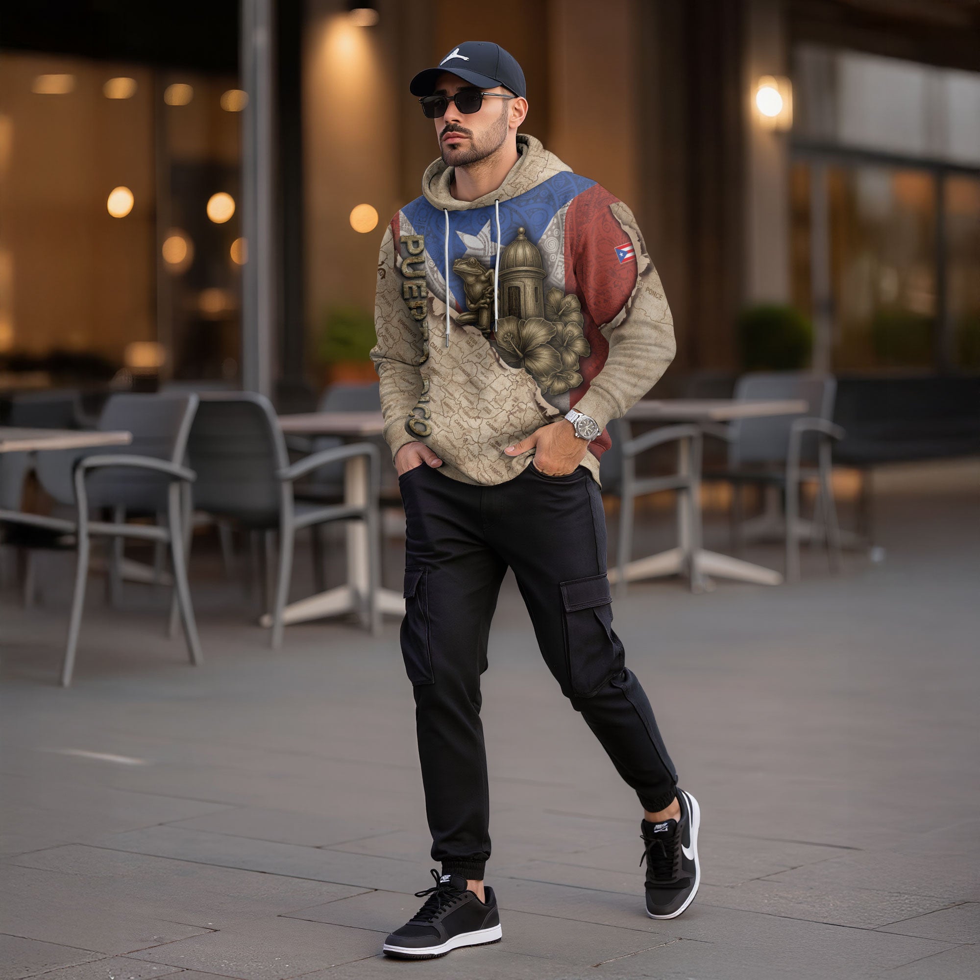 Puerto Rico Culture Map Coqui Frog Garita Boricua Pride Heritage Beige Mens Hoodie