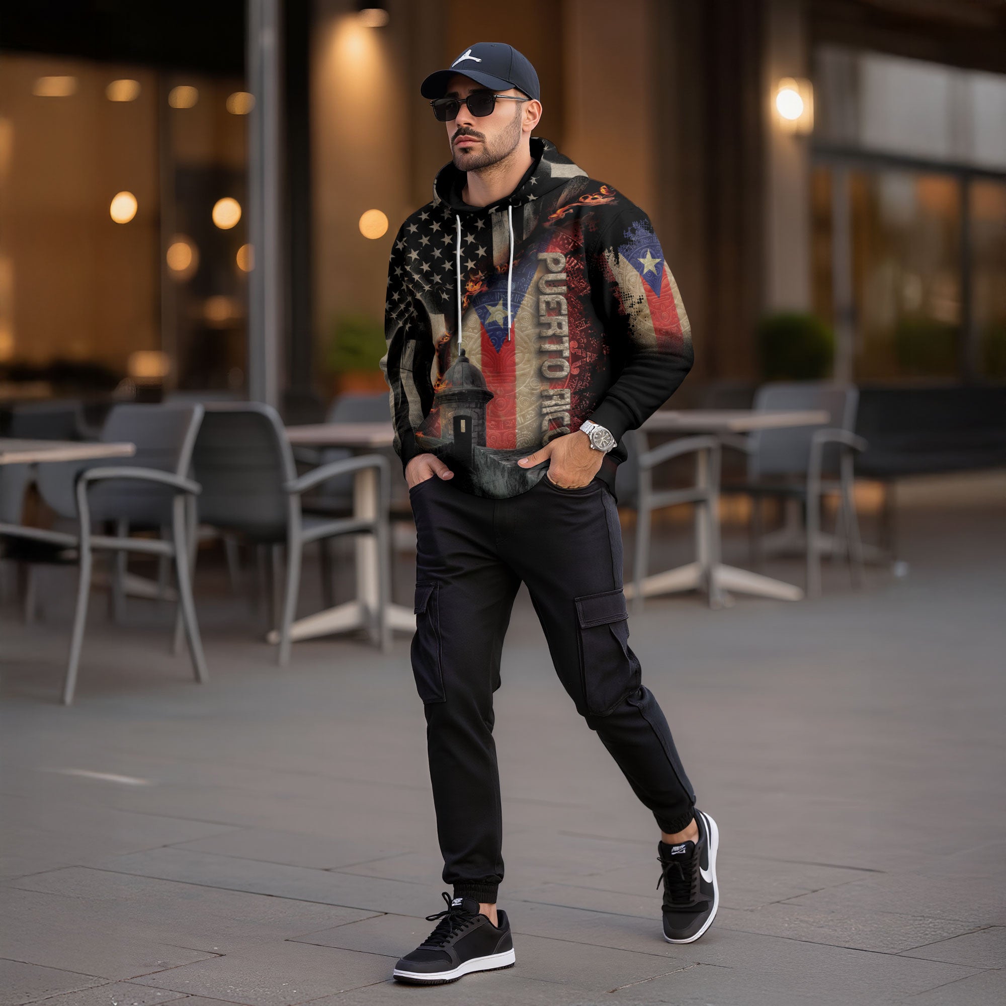 Puerto Rico USA Flag Boricua El Morro Taino Tribal Black Gold Heritage Hoodie