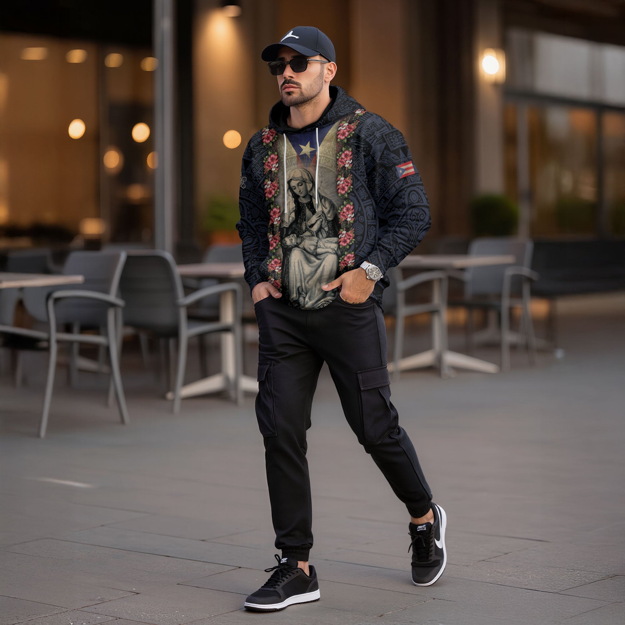 Puerto Rico Flag Boricua Virgin Mary Hibiscus Black Navy Tribal Heritage Hoodie