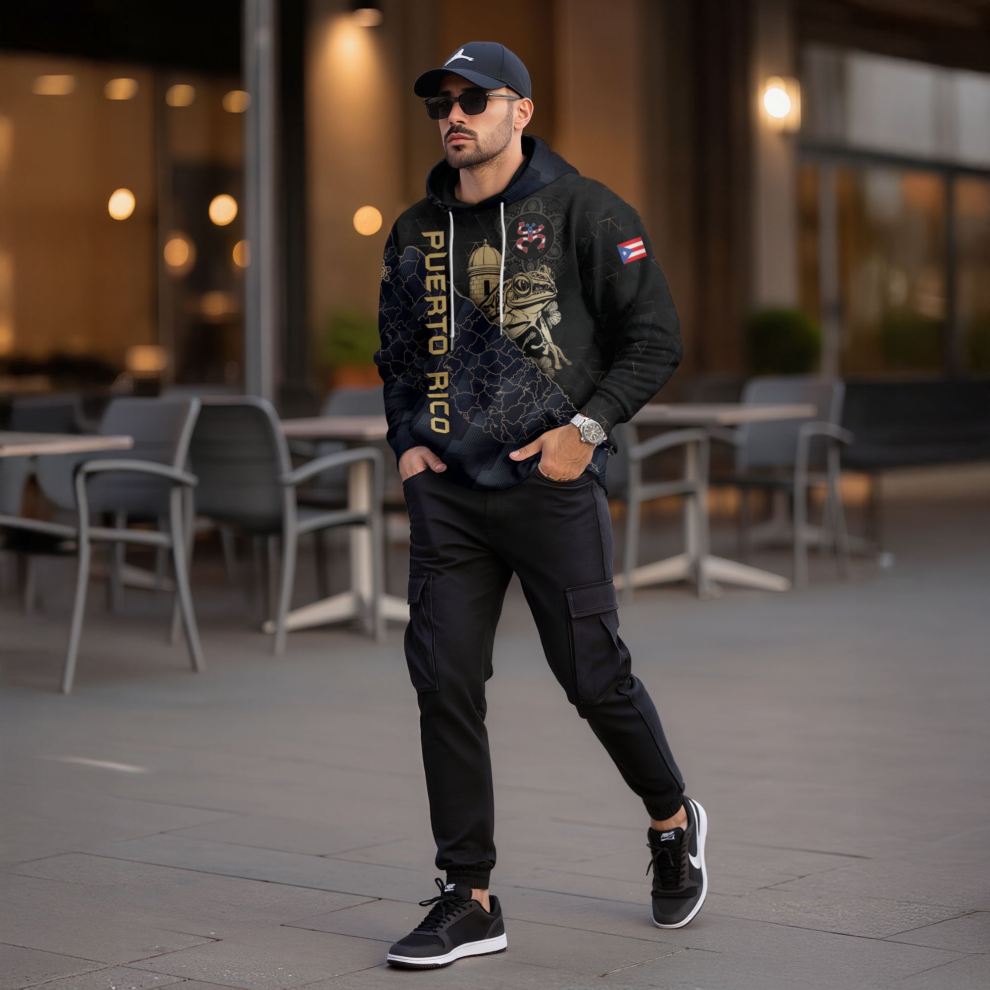 Puerto Rico Map Boricua Coqui Frog El Morro Taino Tribal Black Navy Gold Hoodie