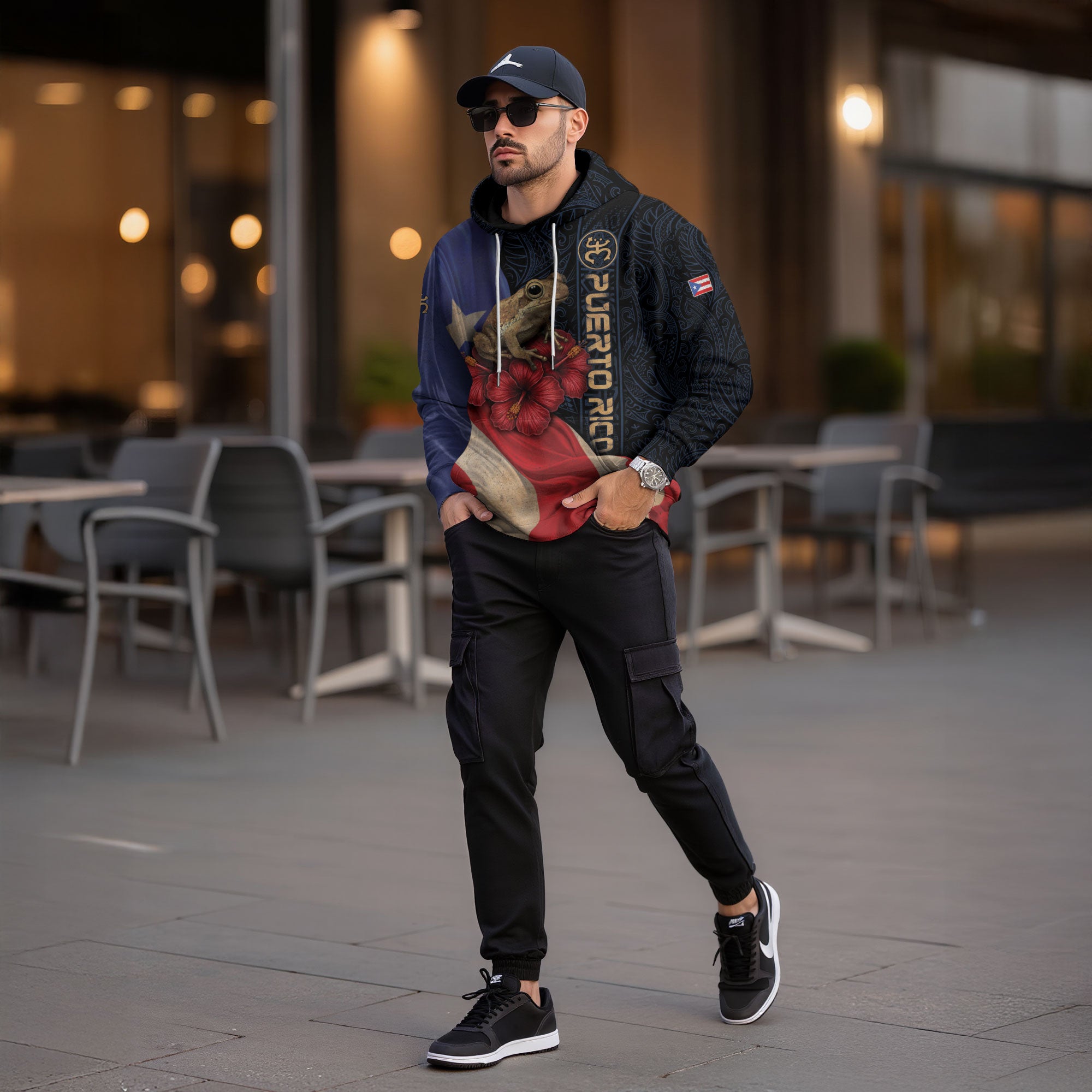 Puerto Rico Flag Boricua Coqui Frog Hibiscus Flower Taino Tribal Black Gold Hoodie