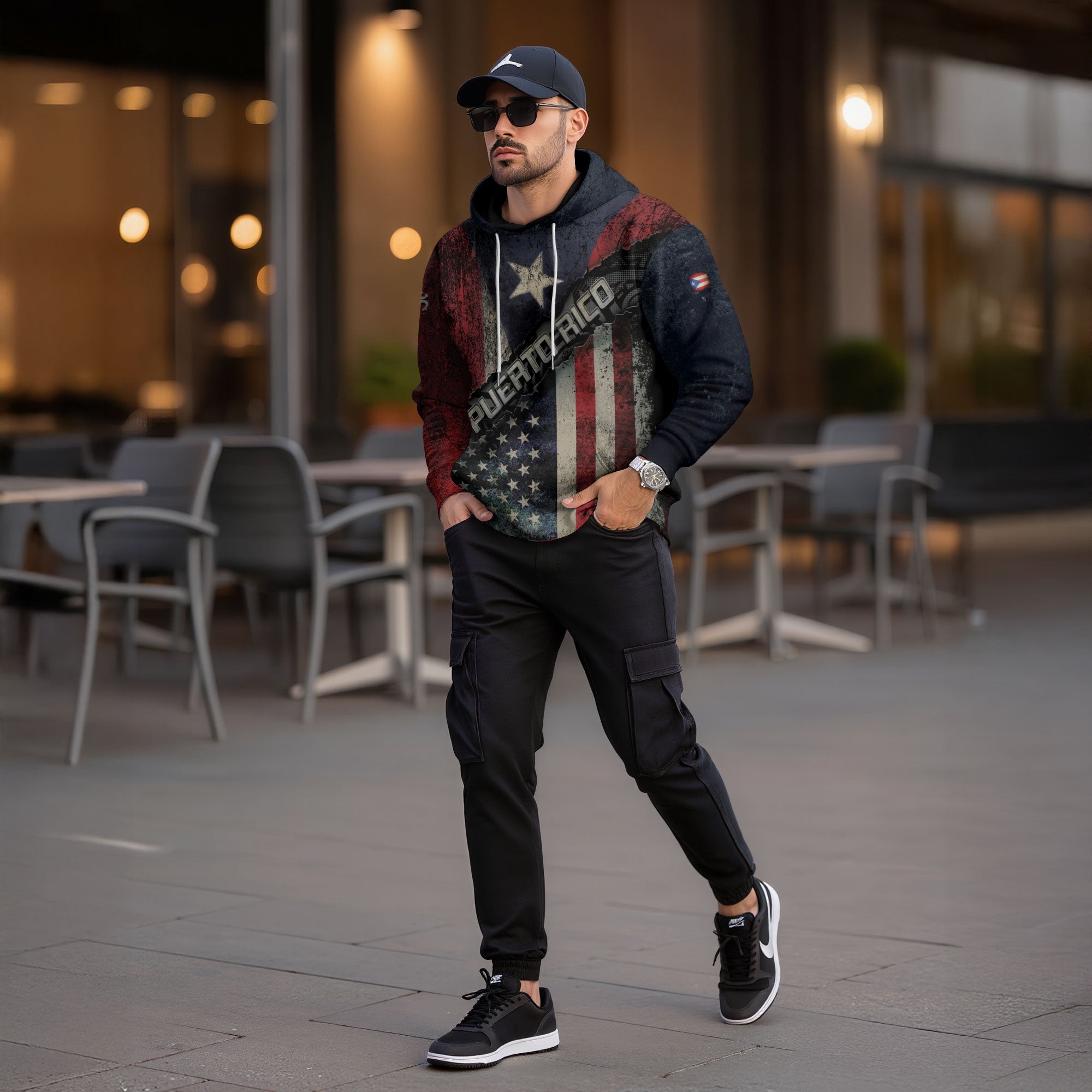 Puerto Rico USA Flag Boricua Taino Tribal Patriotic National Blue White Red Hoodie