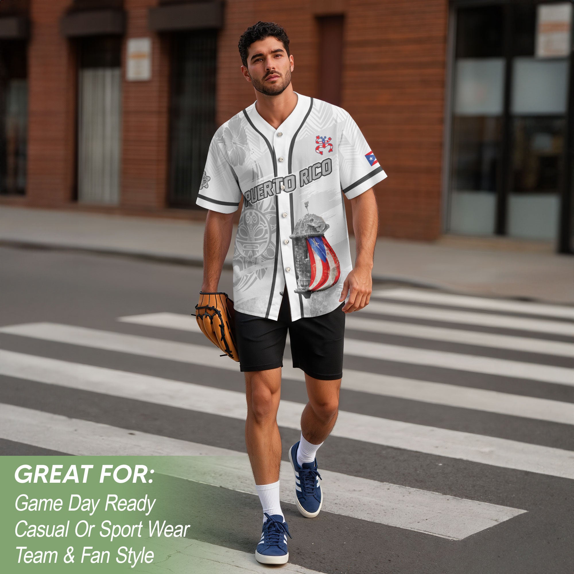 Puerto Rico Boricua White Gray Fortress Hibiscus Tribal Graphic Baseball Jersey