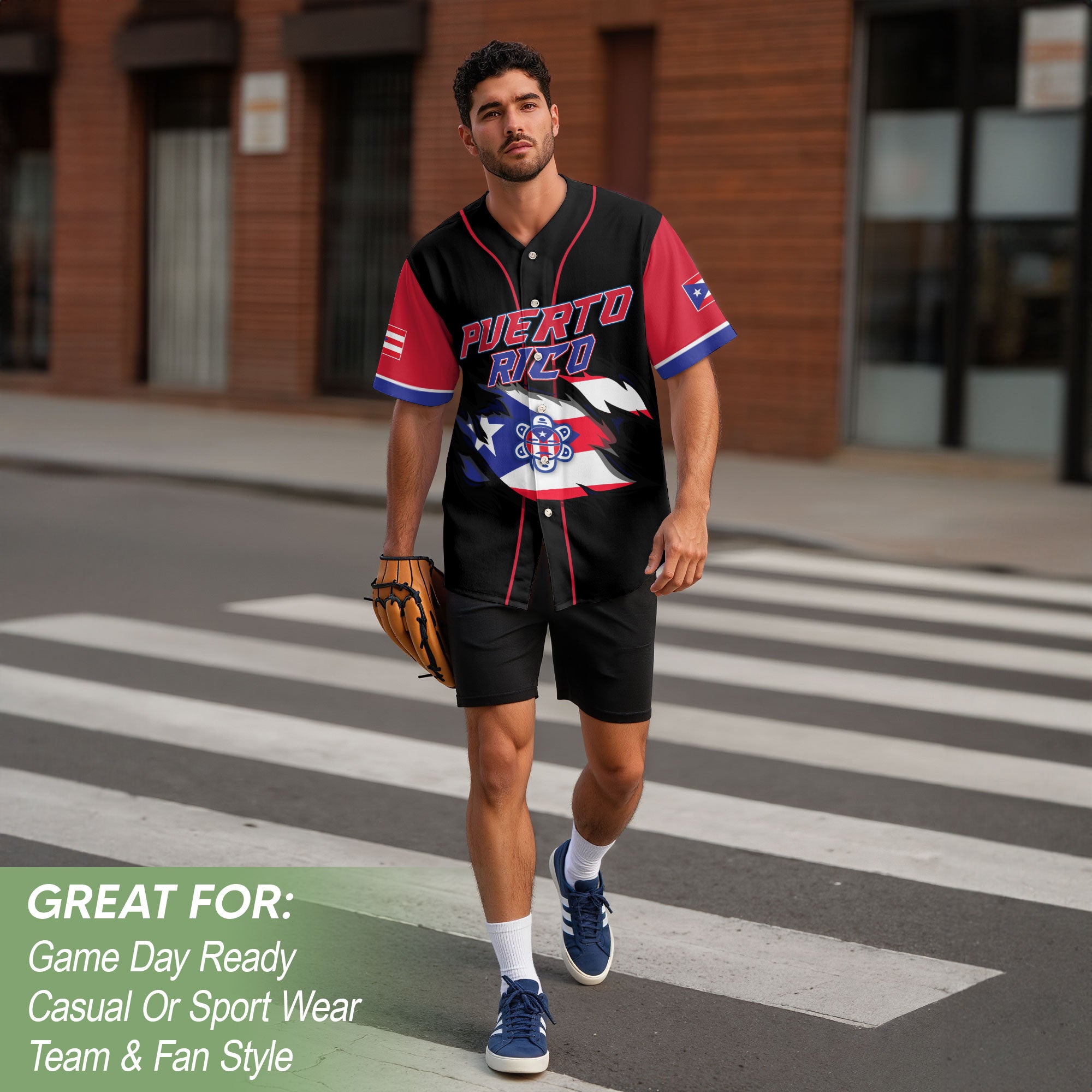 Puerto Rico Boricua Black Red Torn Flag Coqui Frog Heritage Baseball Jersey