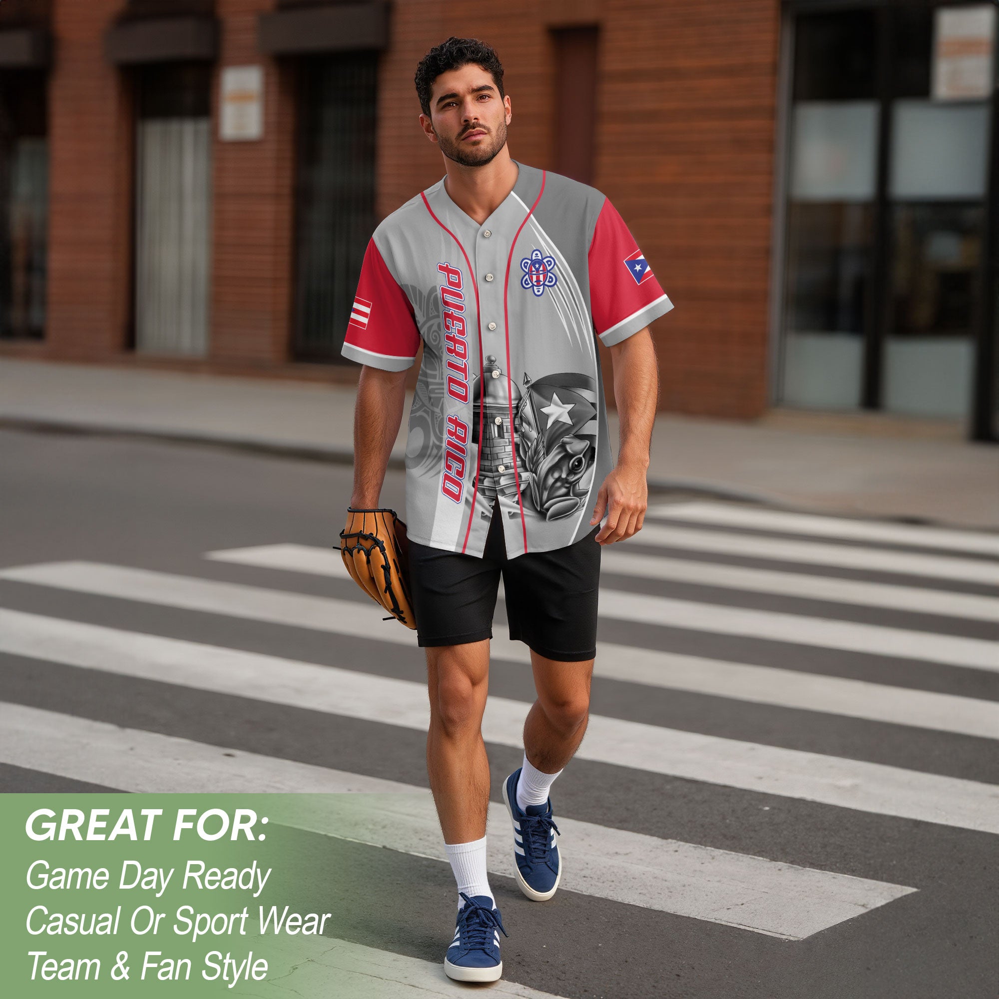 Puerto Rico Boricua Gray Red Fortress Coqui Frog Taino Heritage Baseball Jersey