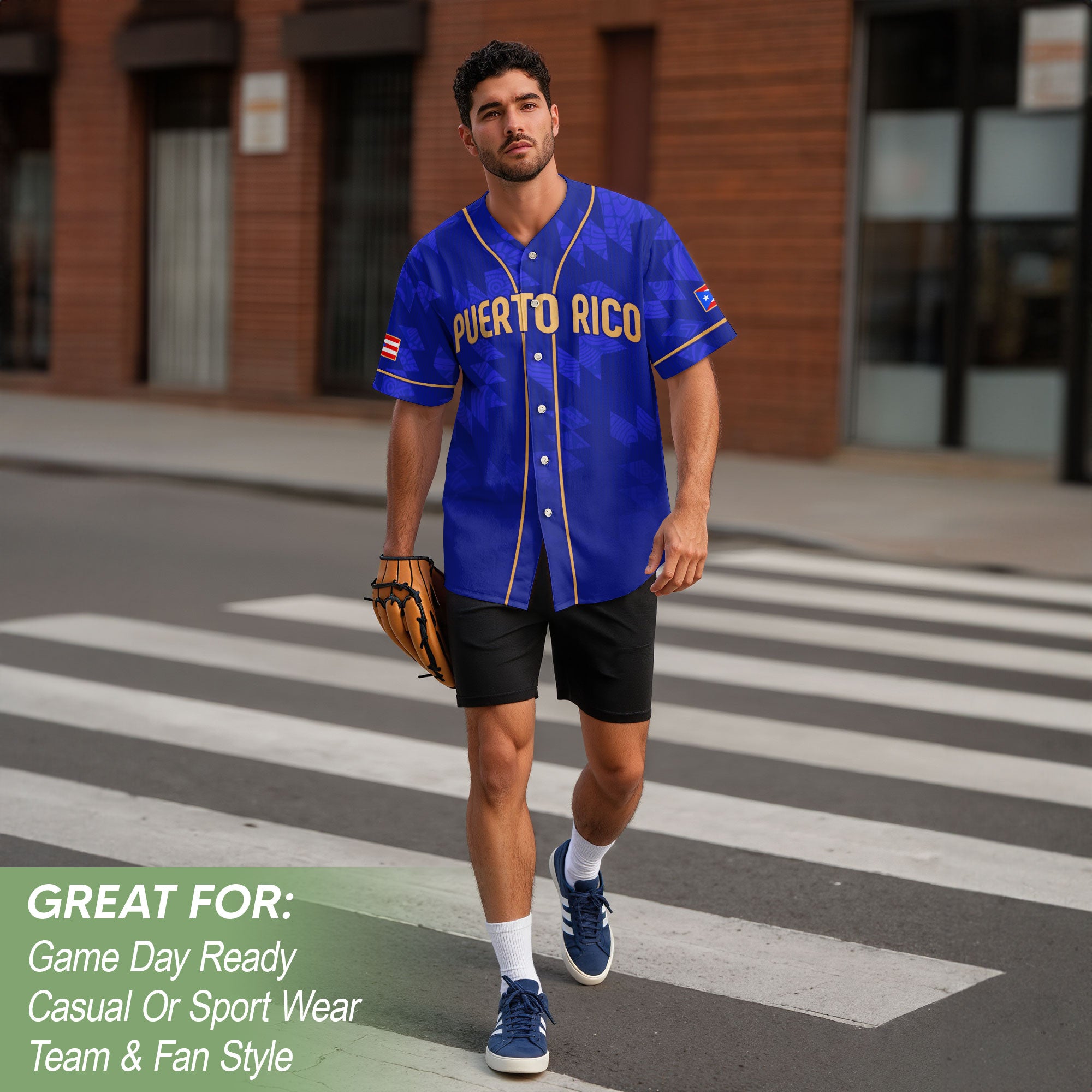 Puerto Rico Boricua Navy Blue Gold Tribal Sun Heritage Graphic Baseball Jersey