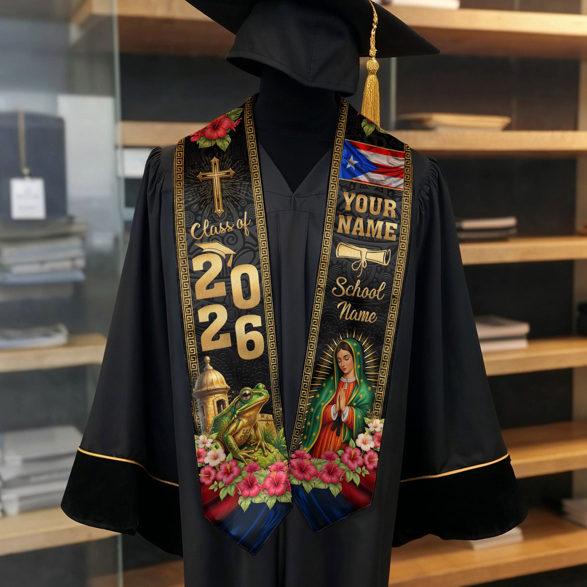 Custom Puerto Rico Graduation Stole 2026 – Guadalupe Cross Coqui Flag Sash