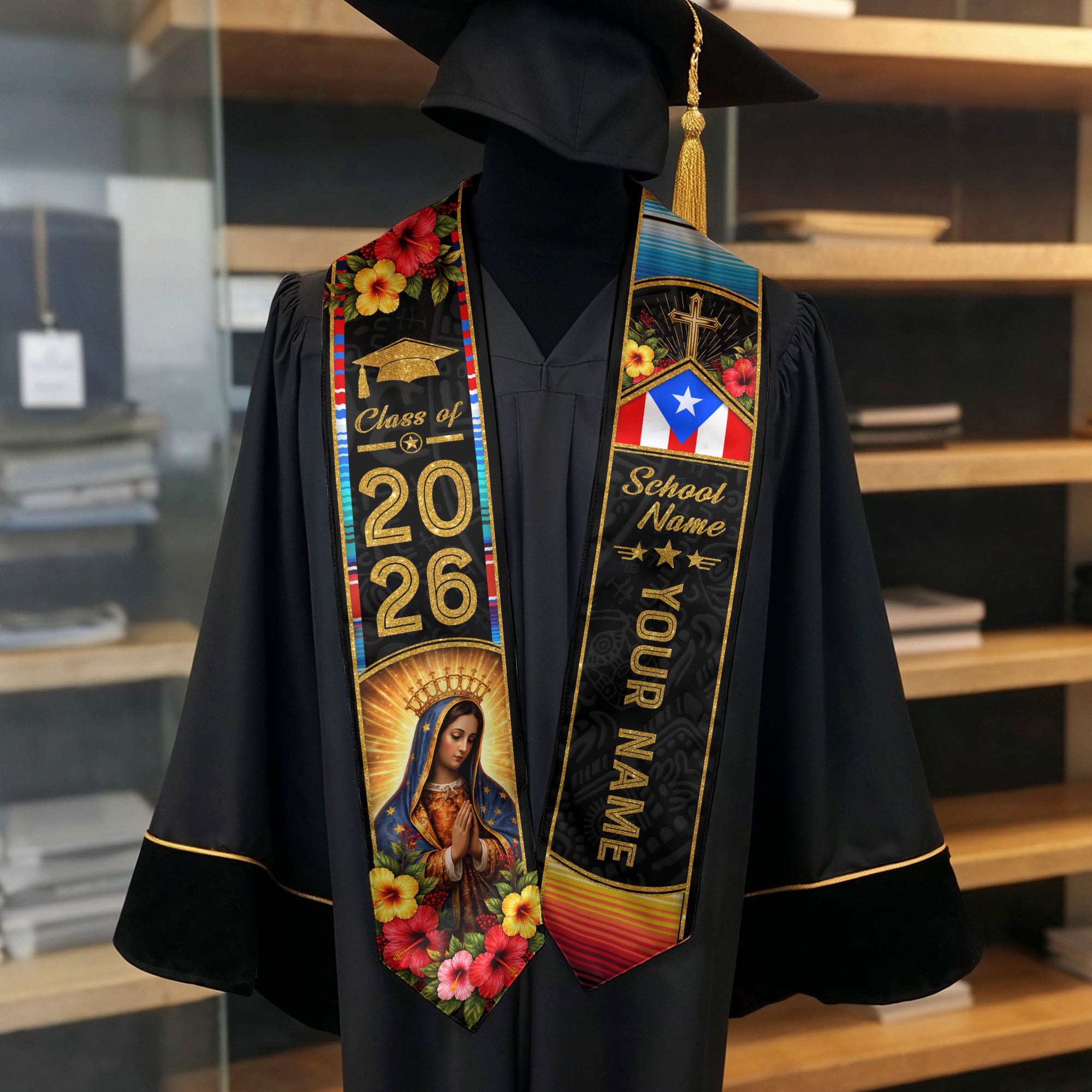 Puerto Rican Graduation Stole Custom 2026 Guadalupe Cross Flag Sash Gift