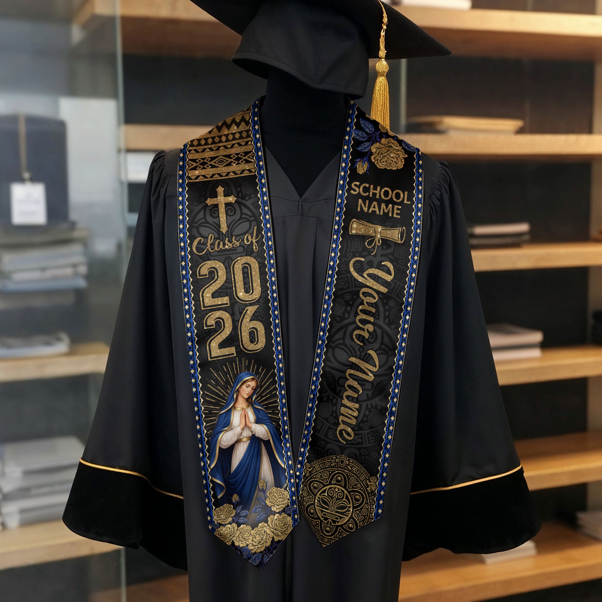 Mexico Graduation Stole Custom 2026 Virgin Mary Cross Aztec Sash Gift