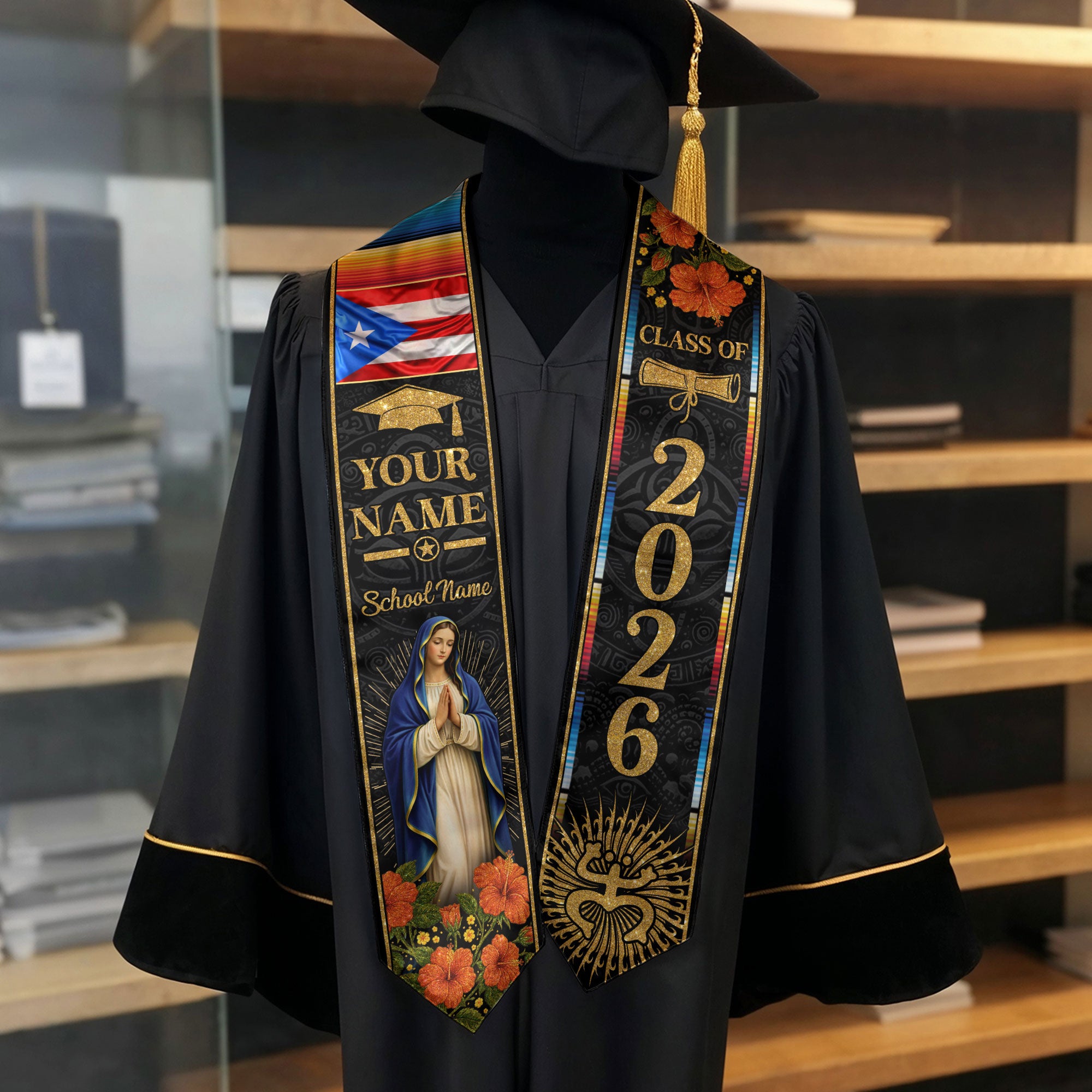 Custom Puerto Rico Graduation Stole Class of 2026, Personalized Name & School Sash