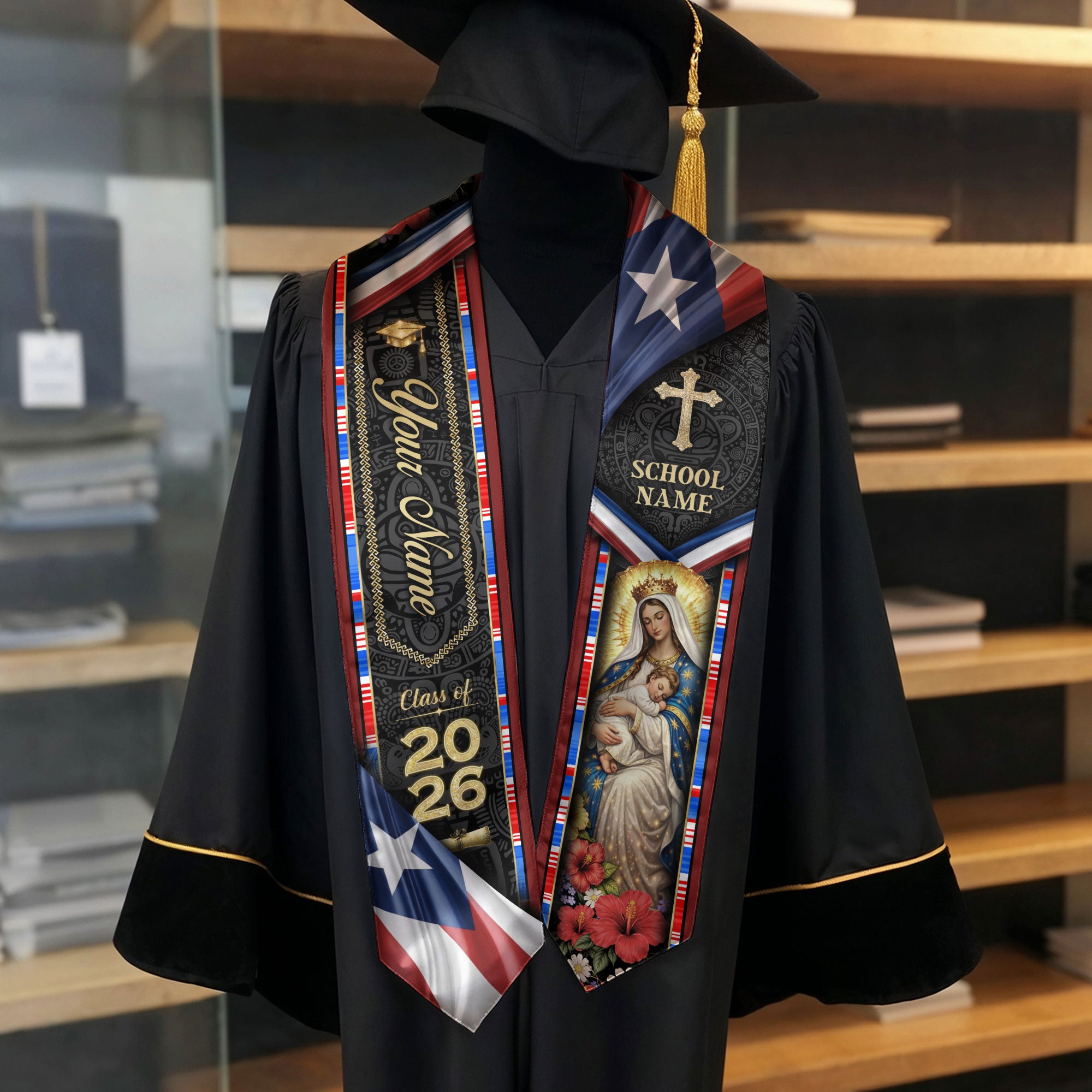 Puerto Rico Graduation Stole Class of 2026 - Custom Virgin Mary Heritage Sash