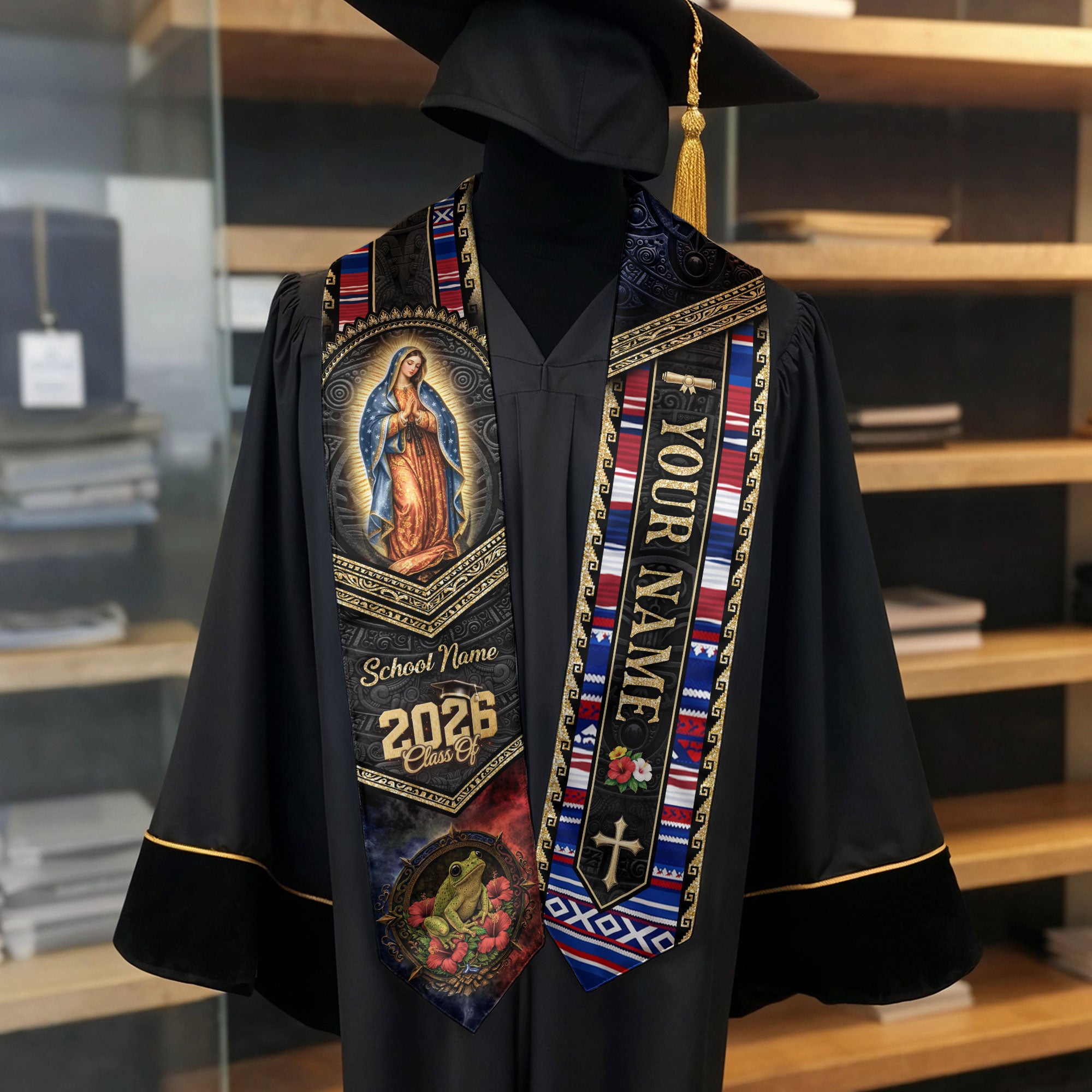 Custom Puerto Rico Graduation Stole 2026 - Our Lady of Guadalupe Coqui Frog Sash