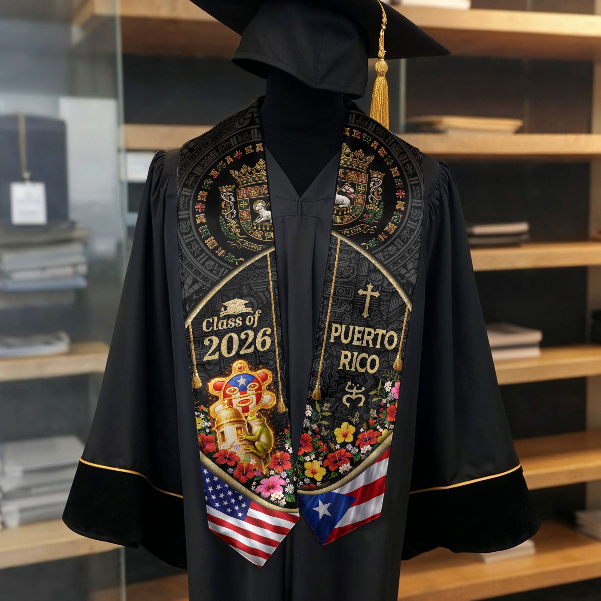 Puerto Rico Graduation Stole 2026 Coqui Taino Sun Garita PR US Flag Sash