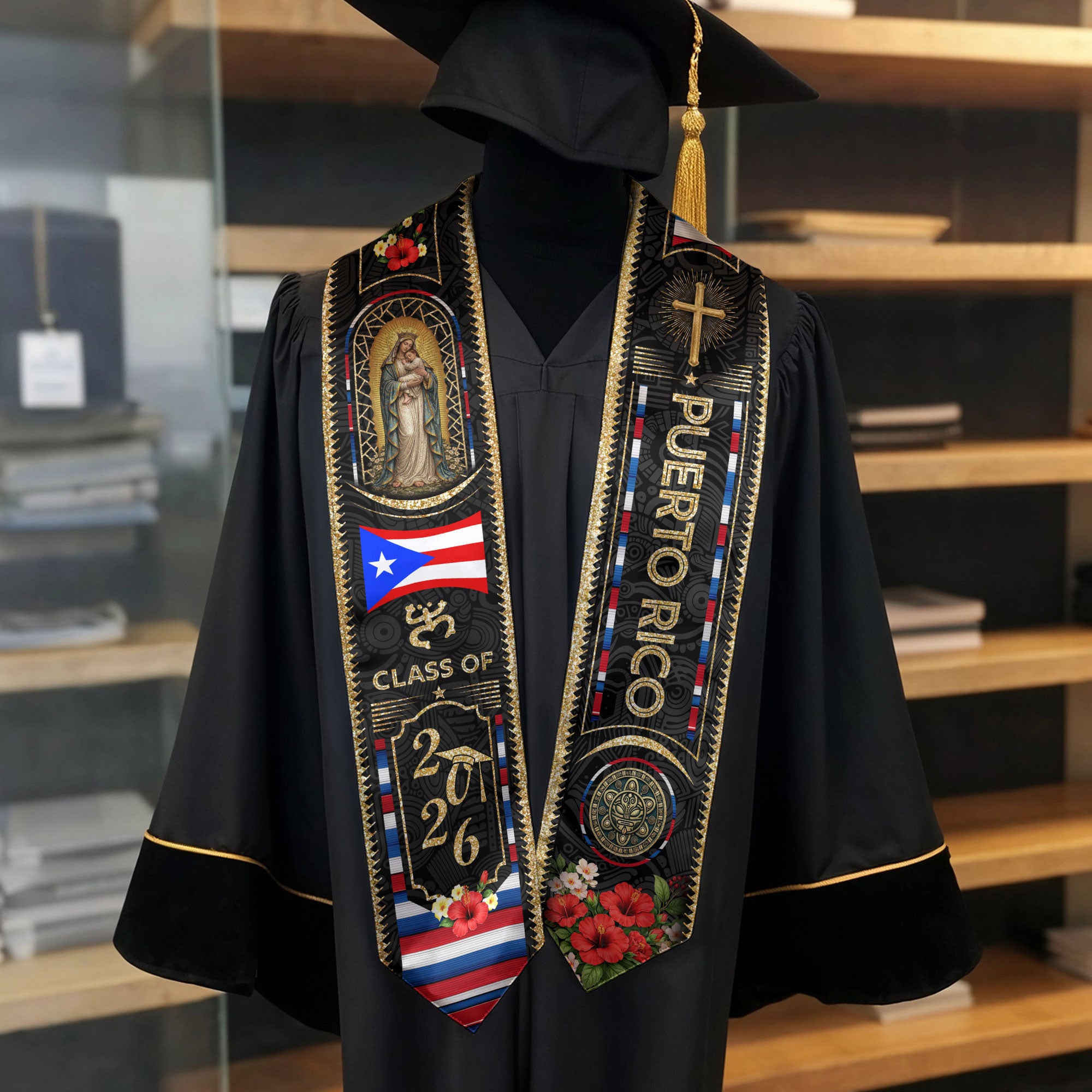 Puerto Rico Graduation Stole 2026 Virgin Mary Cross PR Flag Gold Glitter Sash