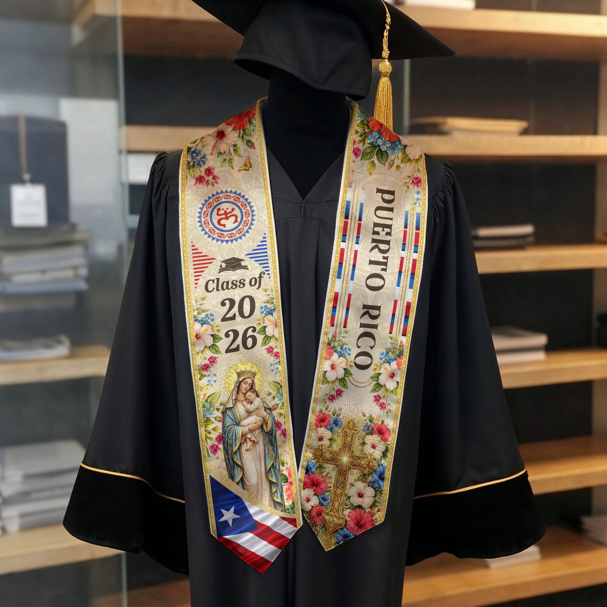 Puerto Rico Graduation Stole 2026 Virgin Mary Ivory Hibiscus PR Flag Sash