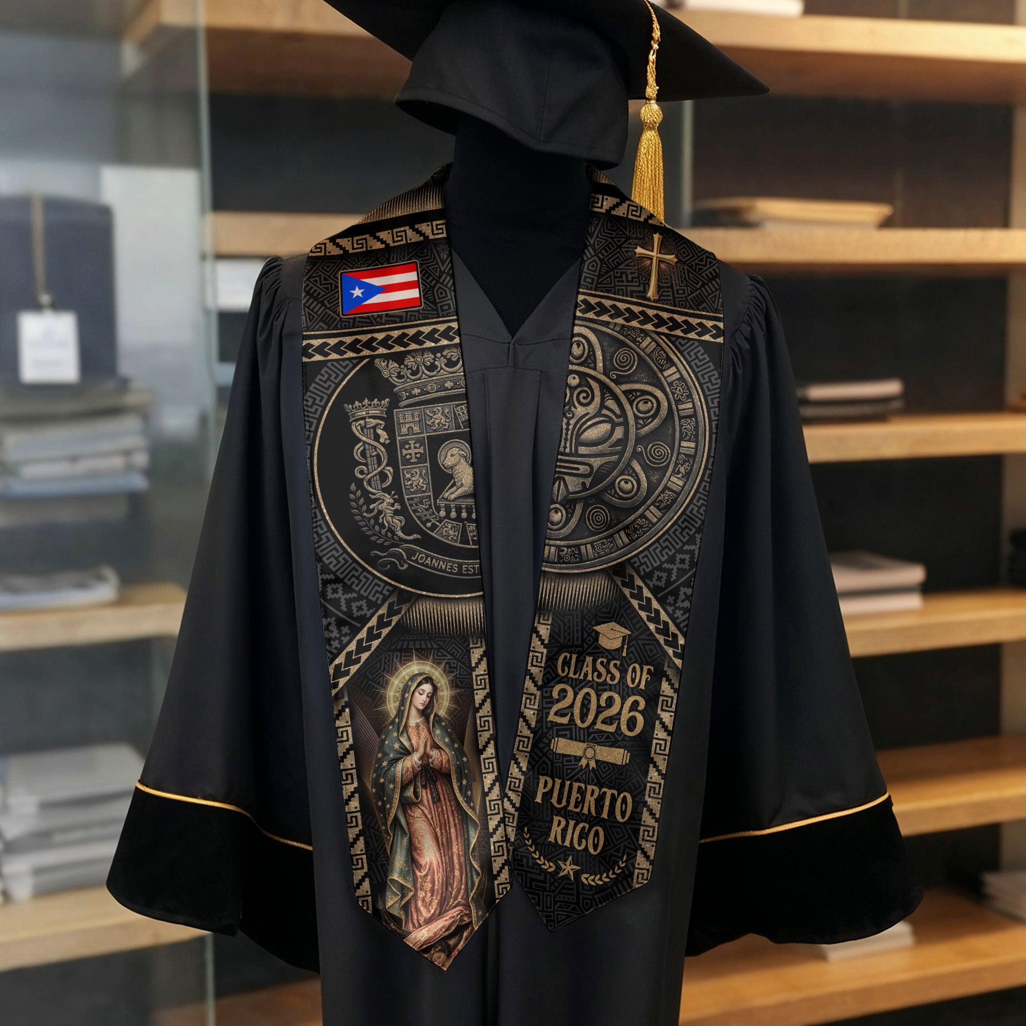 Puerto Rico Graduation Stole 2026 Virgin Mary Cross PR Flag Gold Ethnic Sash