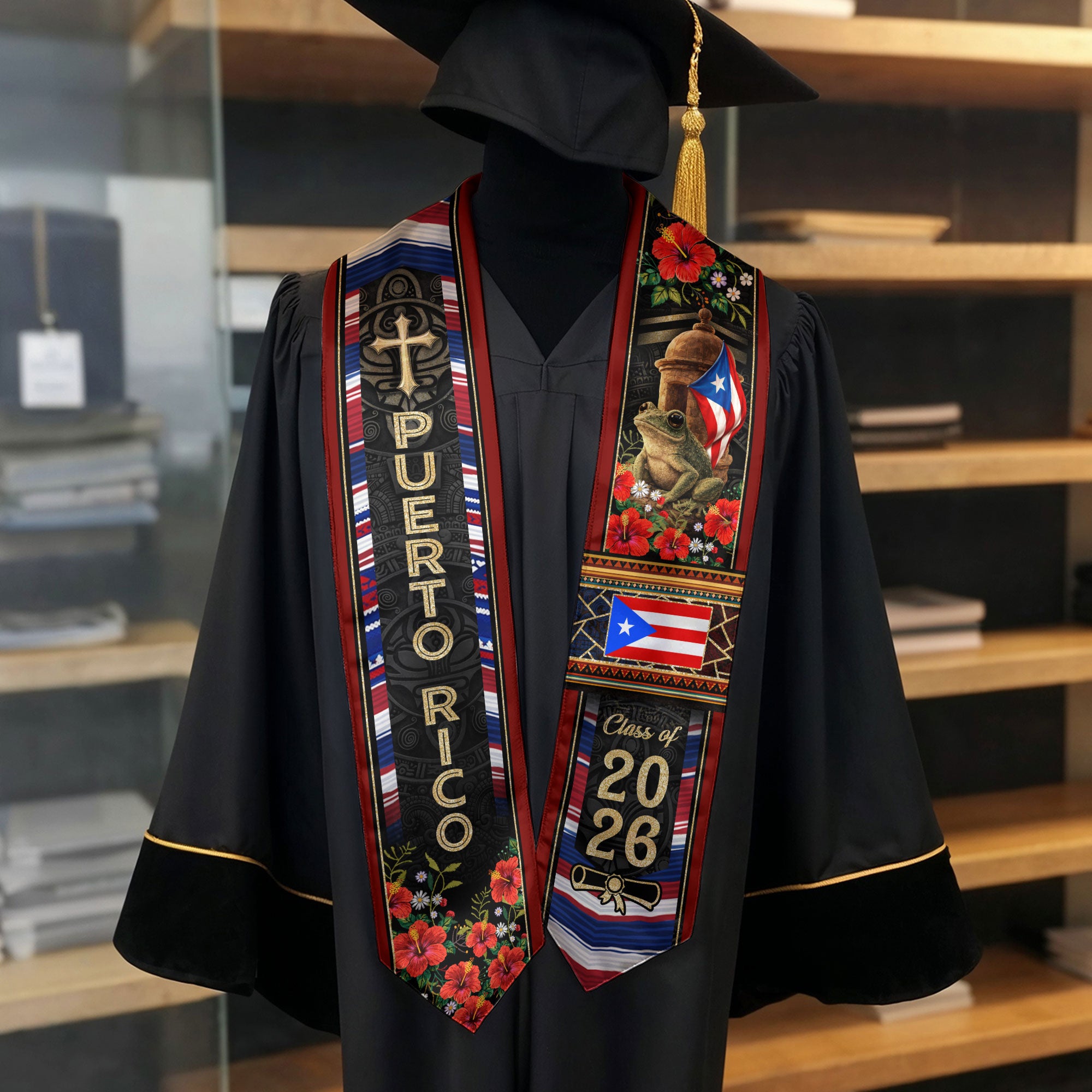 Puerto Rico Graduation Stole 2026 Coqui Frog Garita PR Flag Hibiscus Floral Sash